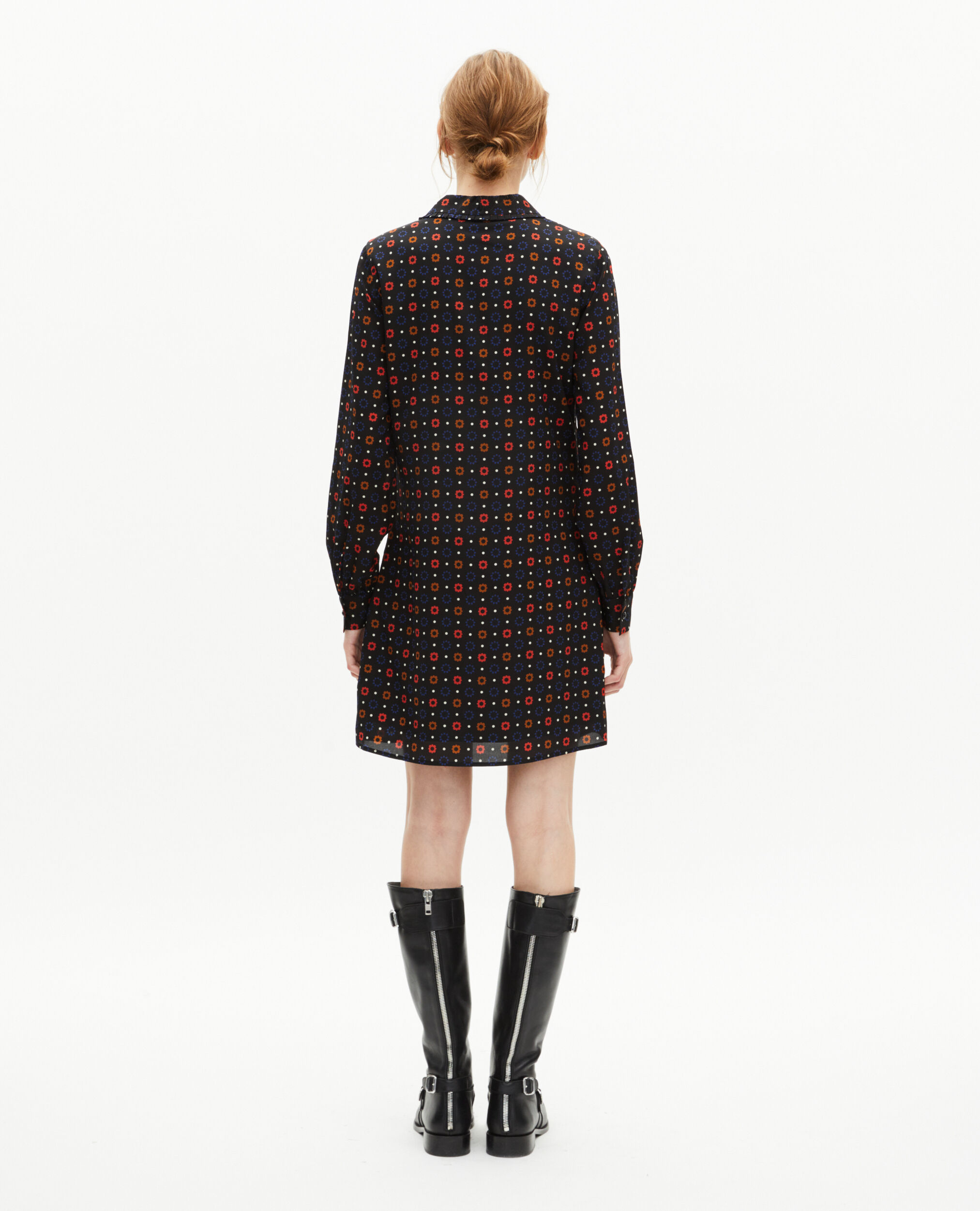 Robe courte en imprimé en soie mélangée noire, BLACK MELANGE, hi-res image number null