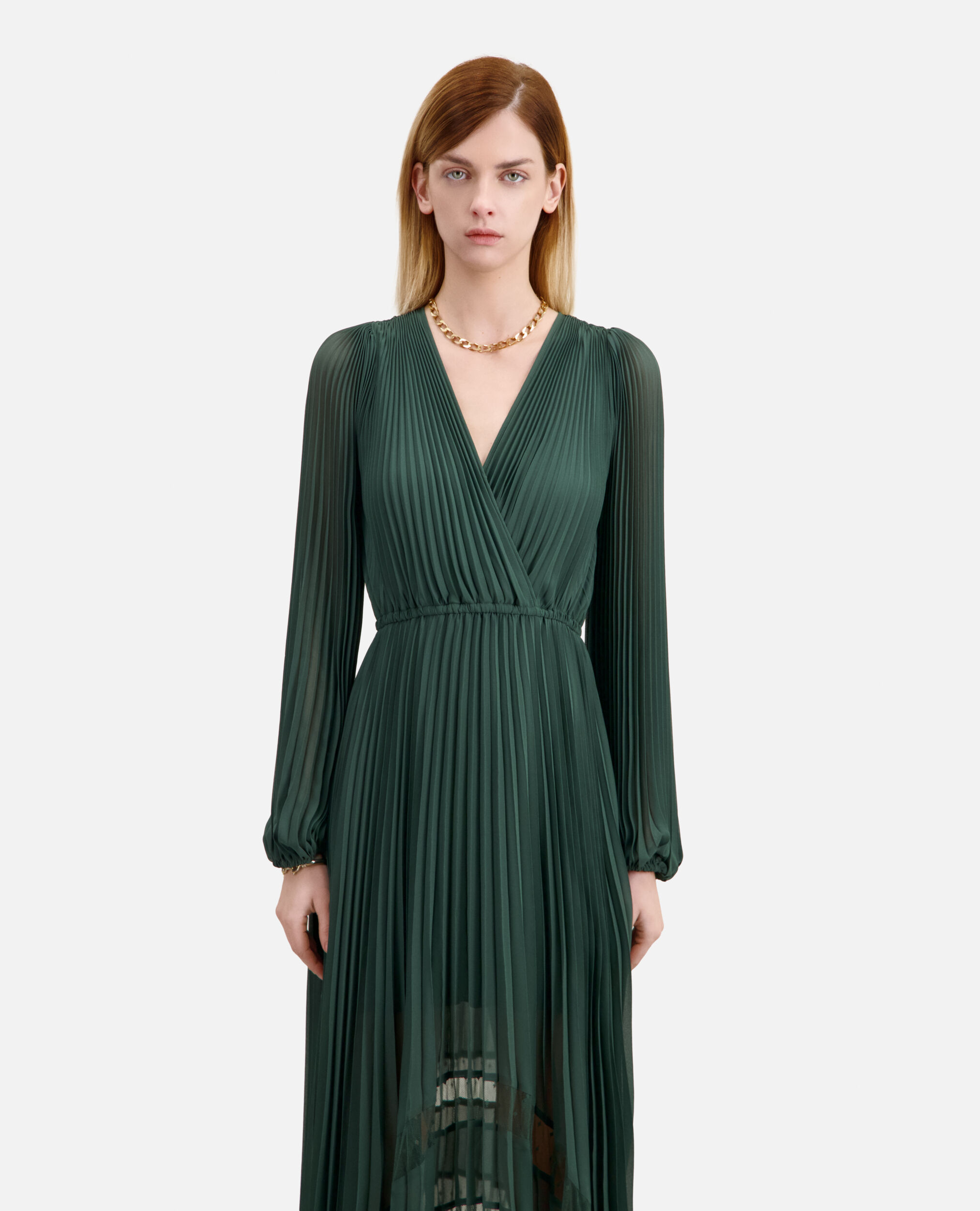 Green pleated long dress, WOOD KAKI, hi-res image number null