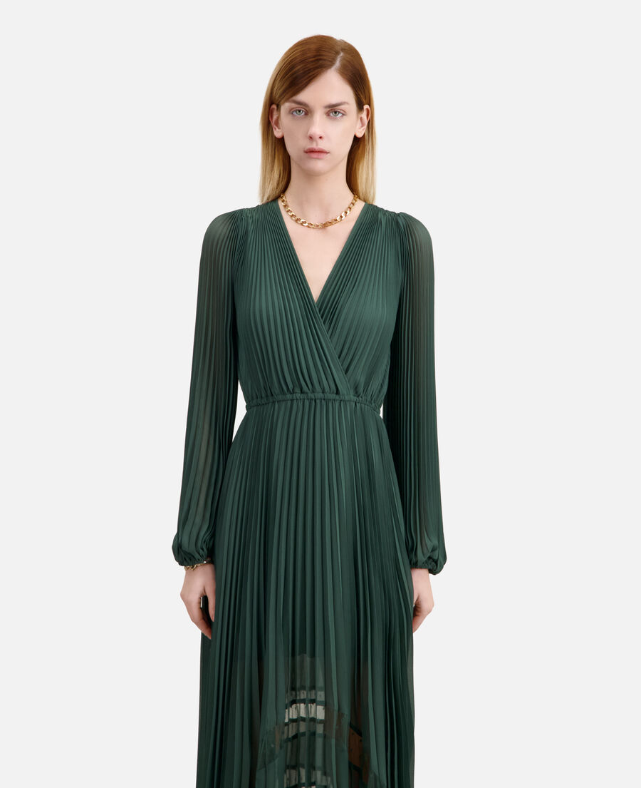 green pleated long dress