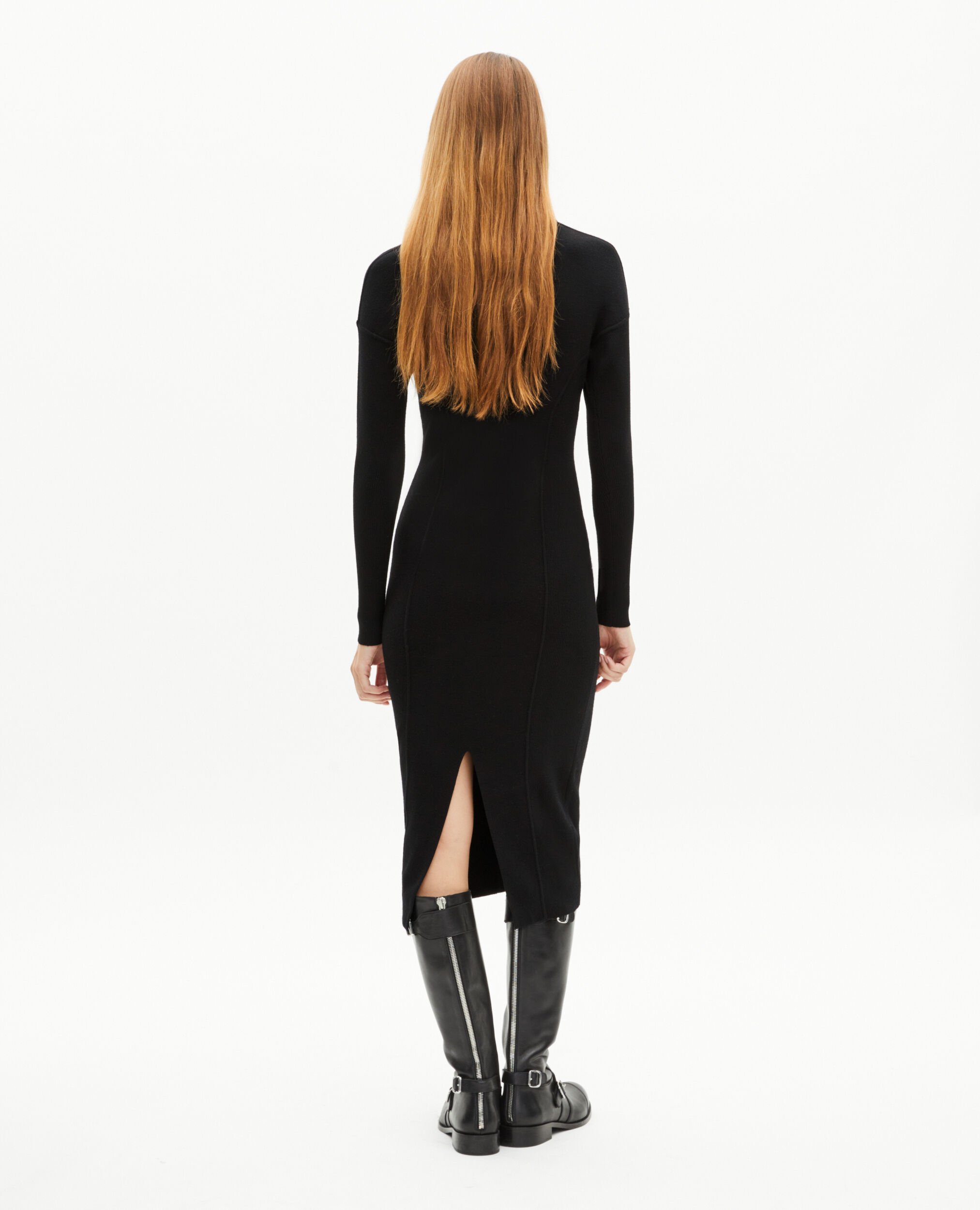 Long black wool-blend dress with zipped collar, BLACK, hi-res image number null