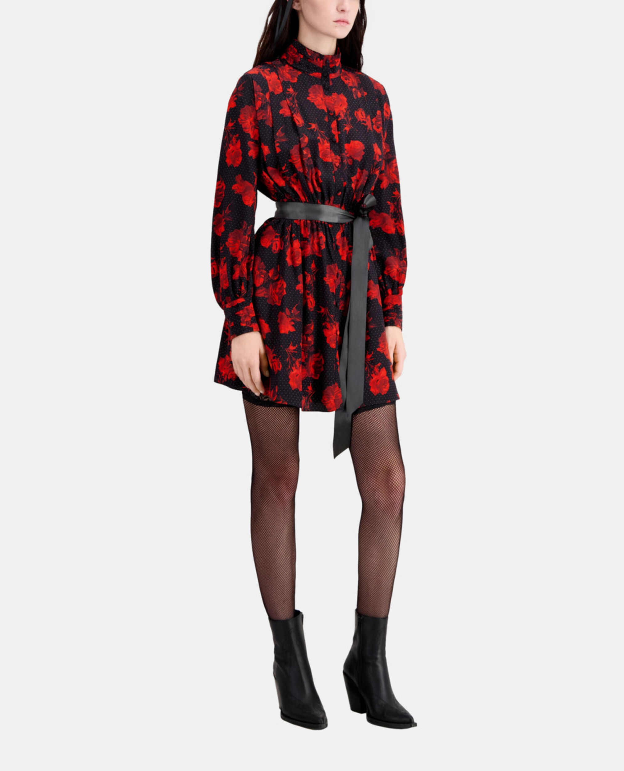 Kurzes Hemdkleid aus Seide mit Print, BLACK - RED, hi-res image number null