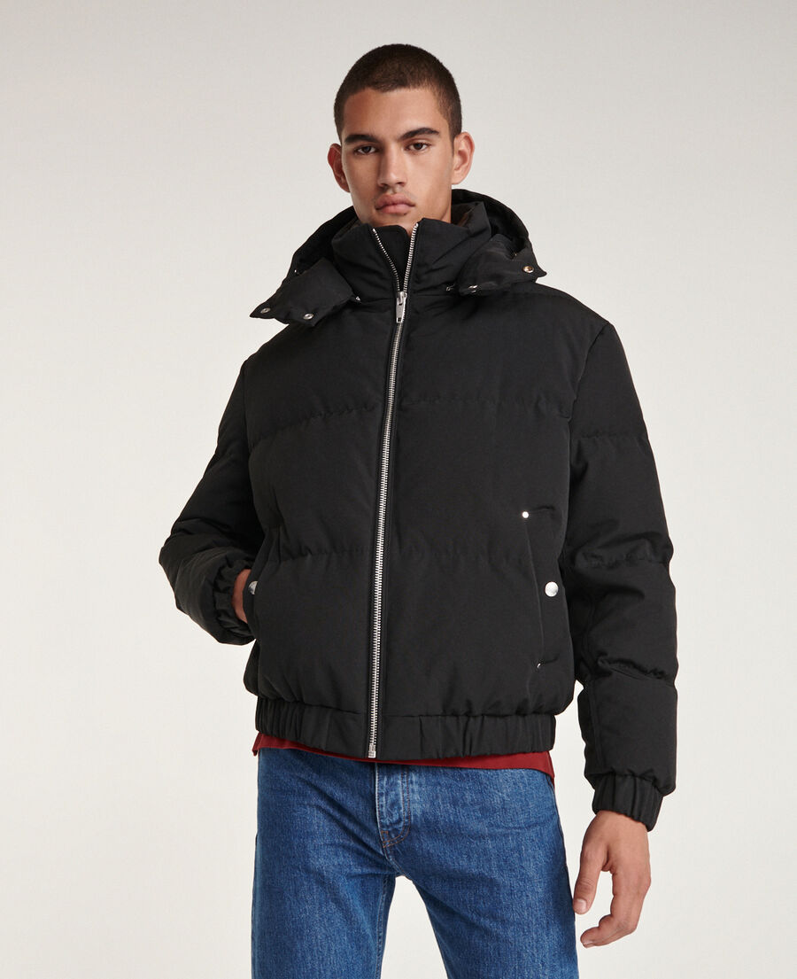 black nylon down jacket with leather details