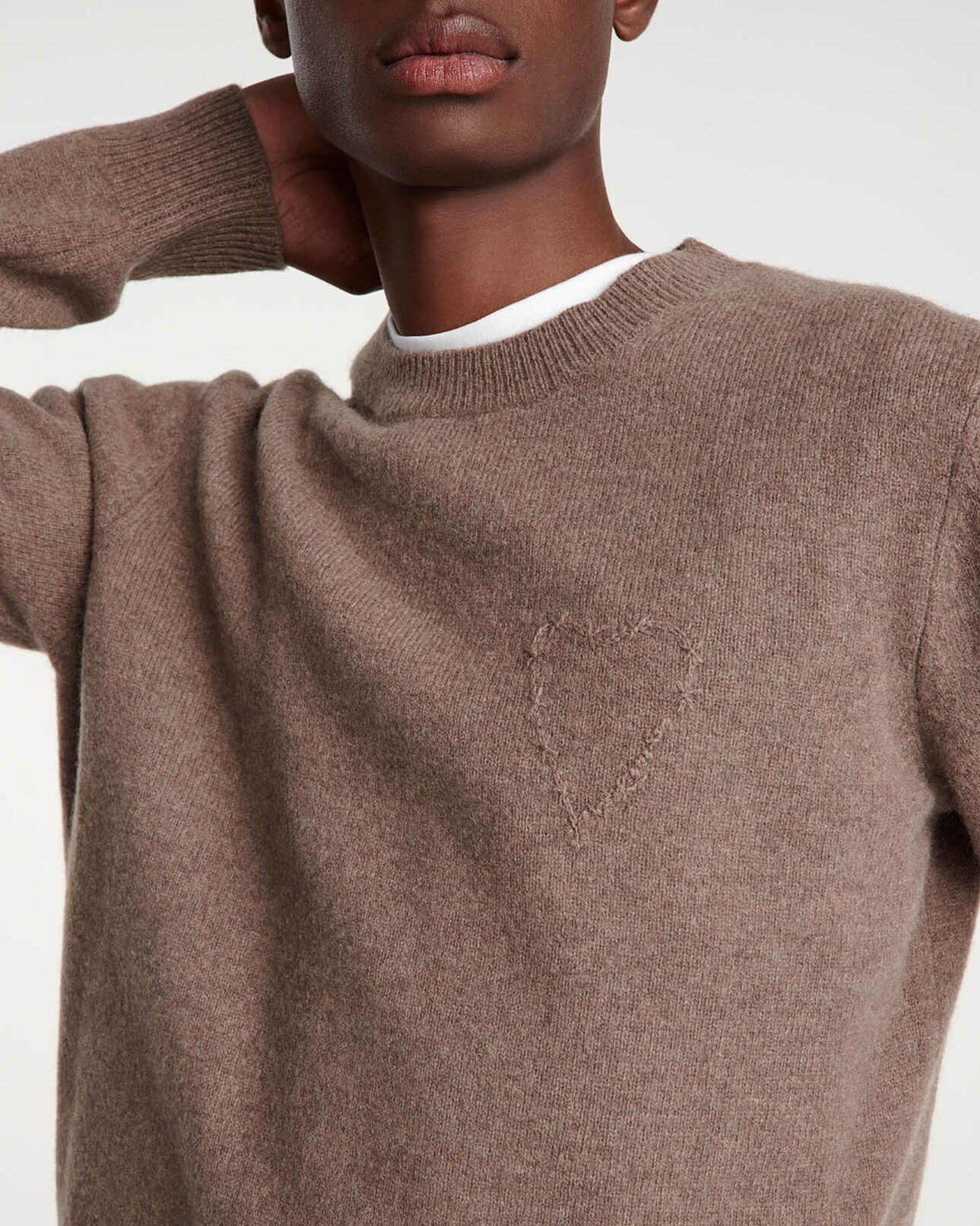 The Kooples MEN DARK BEIGE beige wool sweater with heart embroidery