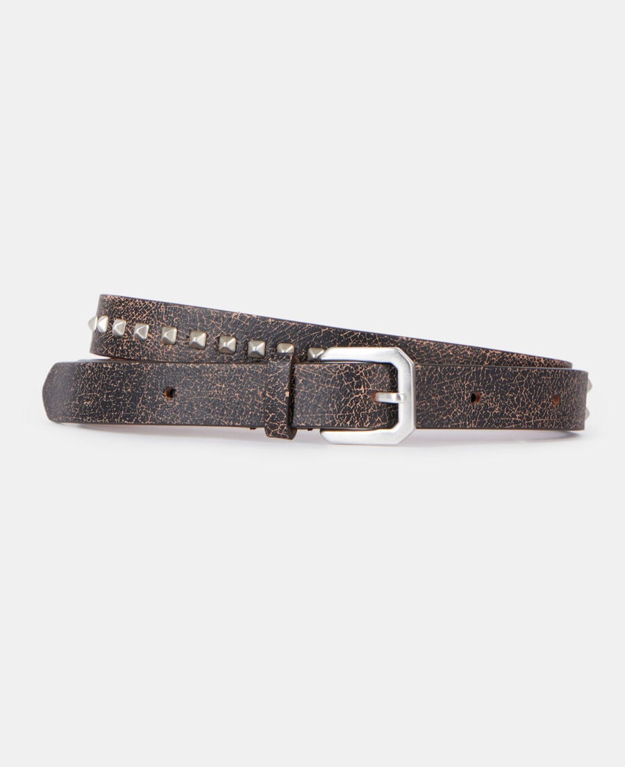 The Kooples MEN BROWN thin brown leather belt with spikes