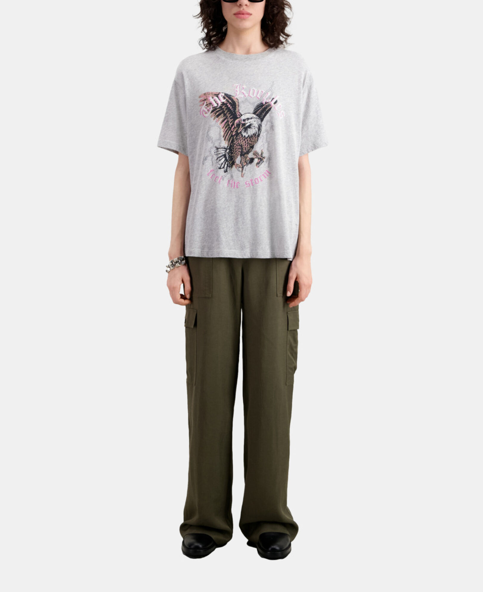 The Kooples FEMME GRIS CLAIR t-shirt femme gris avec sérigraphie feel the storm