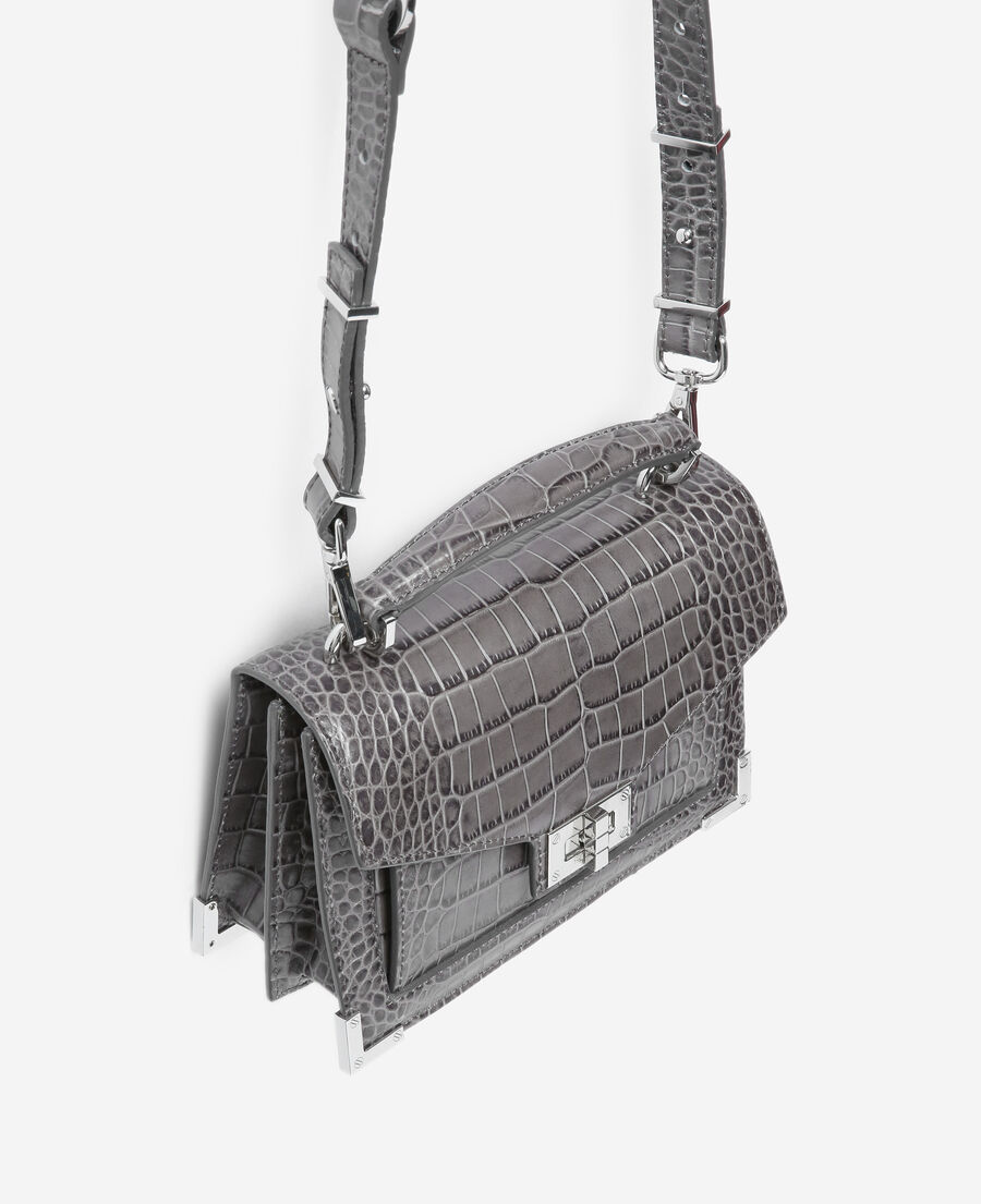 mini dark gray croco leather emily bag with metal clasp