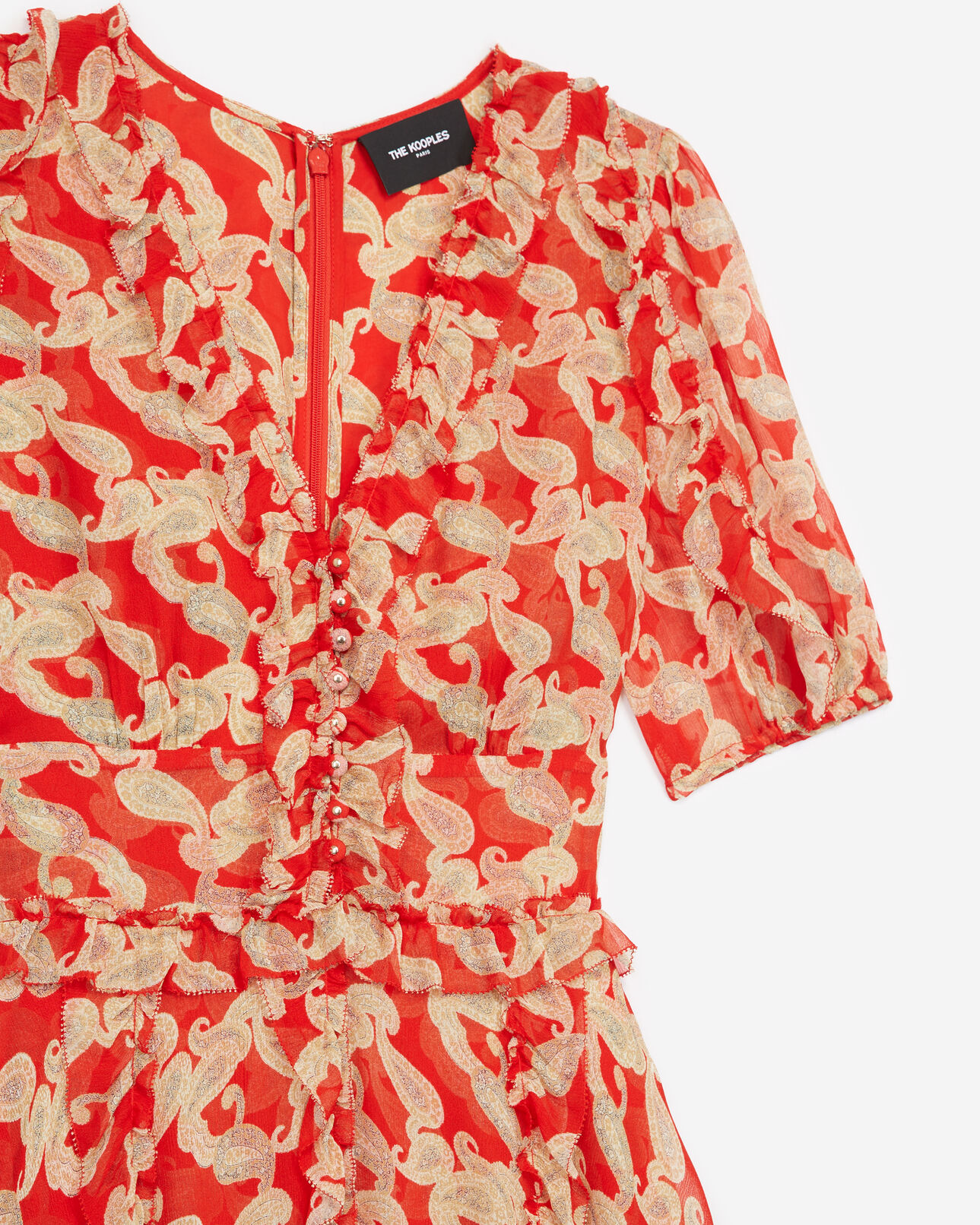 The Kooples FEMME RED / ECRU robe longue imprimée rouge à volants