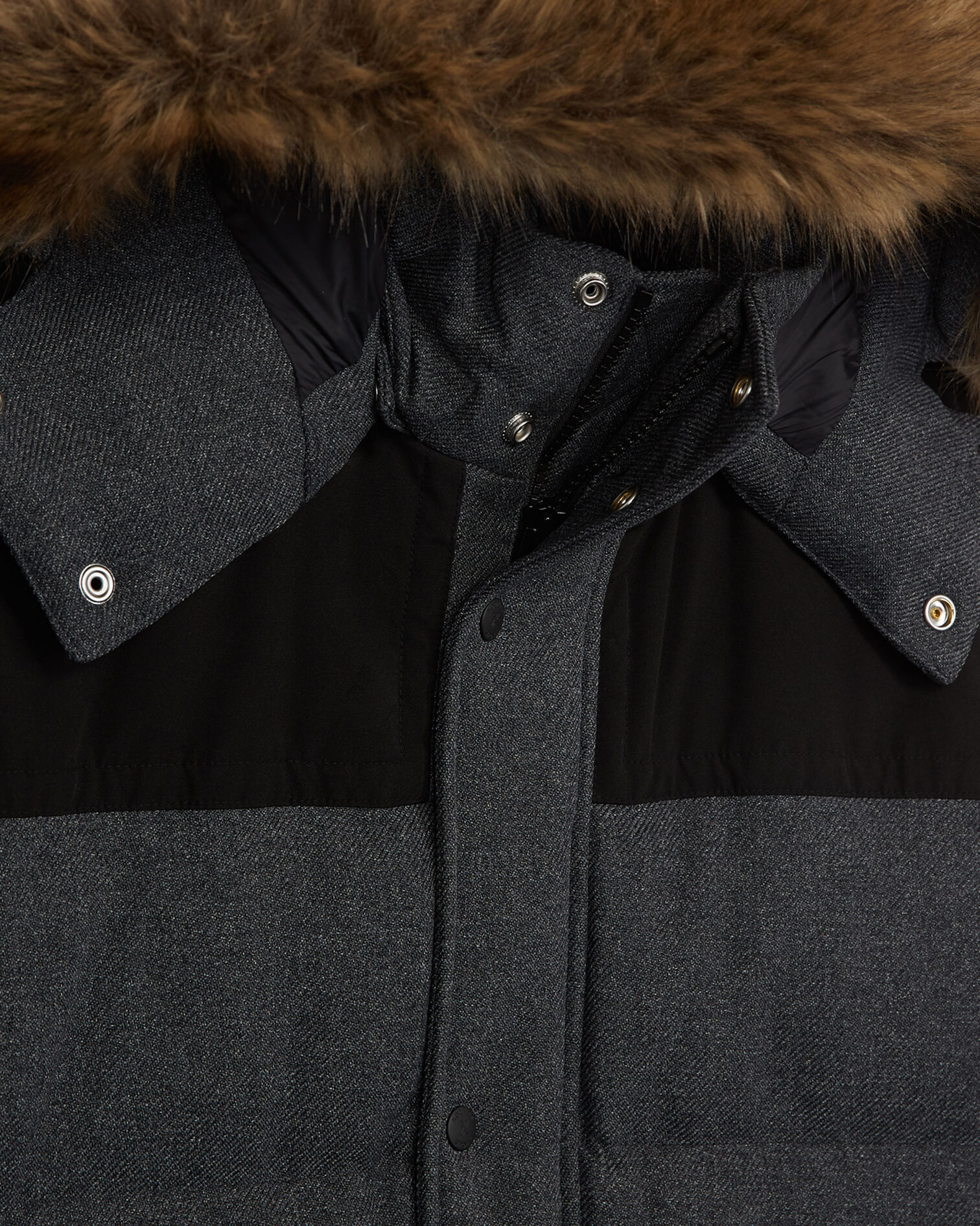 gray nylon down jacket with hood - fur trim, LIGHT GREY MELANGE, hi-res image number null