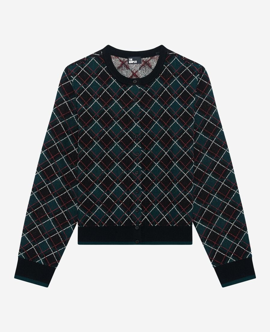 The Kooples DAMEN BLACK DARK GREEN schwarze karierte strickjacke