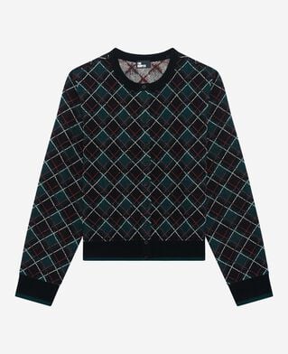 The Kooples DAMEN BLACK DARK GREEN schwarze karierte strickjacke