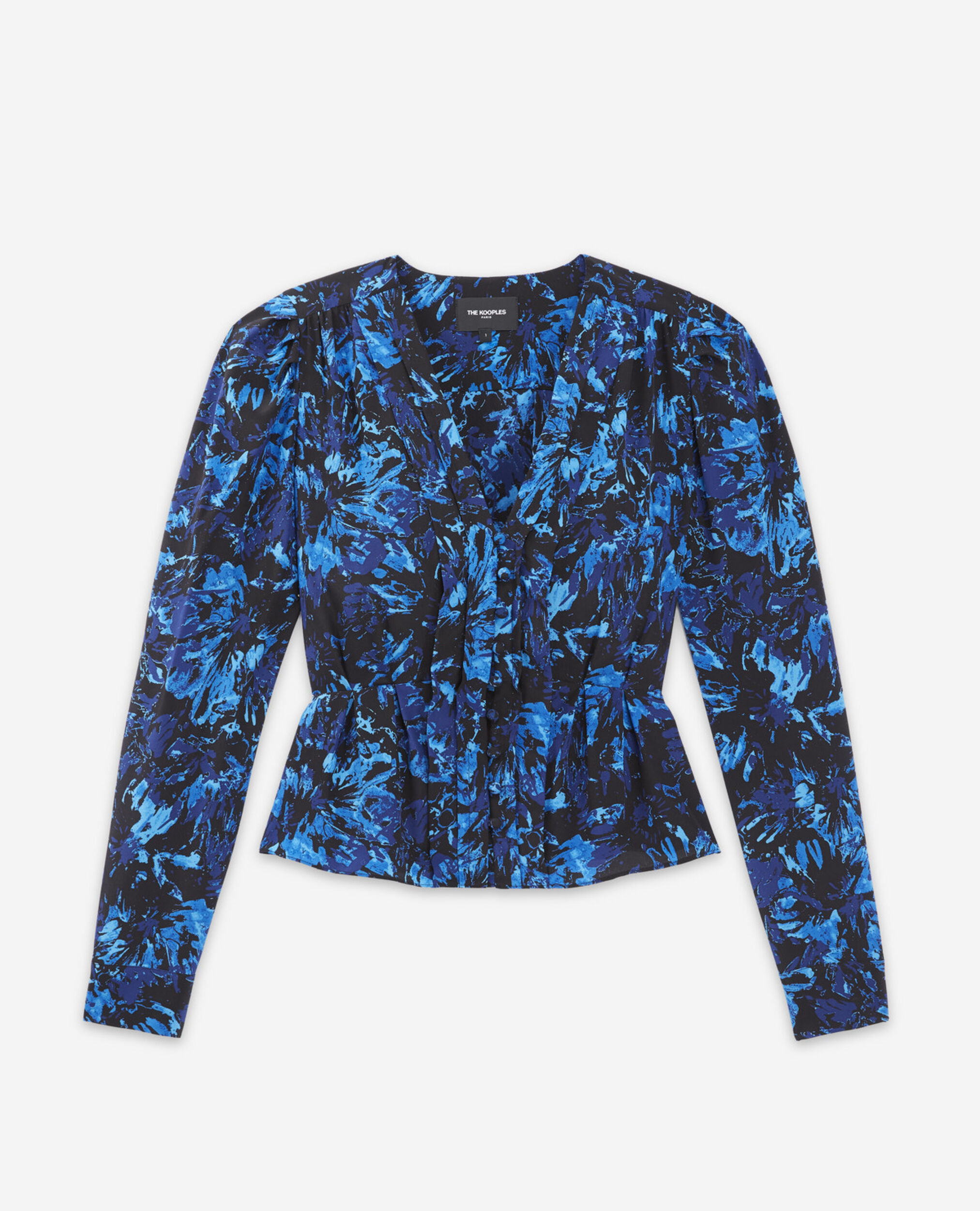 Blue and black silk top in all-over print, DARK BLUE, hi-res image number null