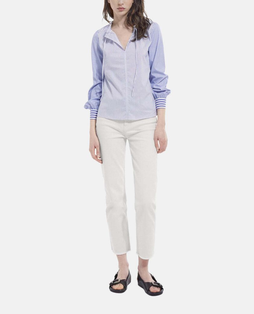 The Kooples F BLUE WHITE striped cotton printed blue top with tie-drop neck