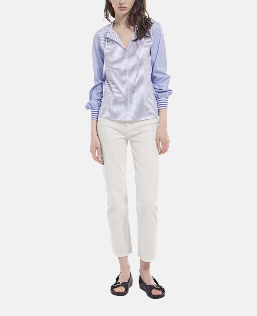 The Kooples F BLUE WHITE striped cotton printed blue top with tie-drop neck