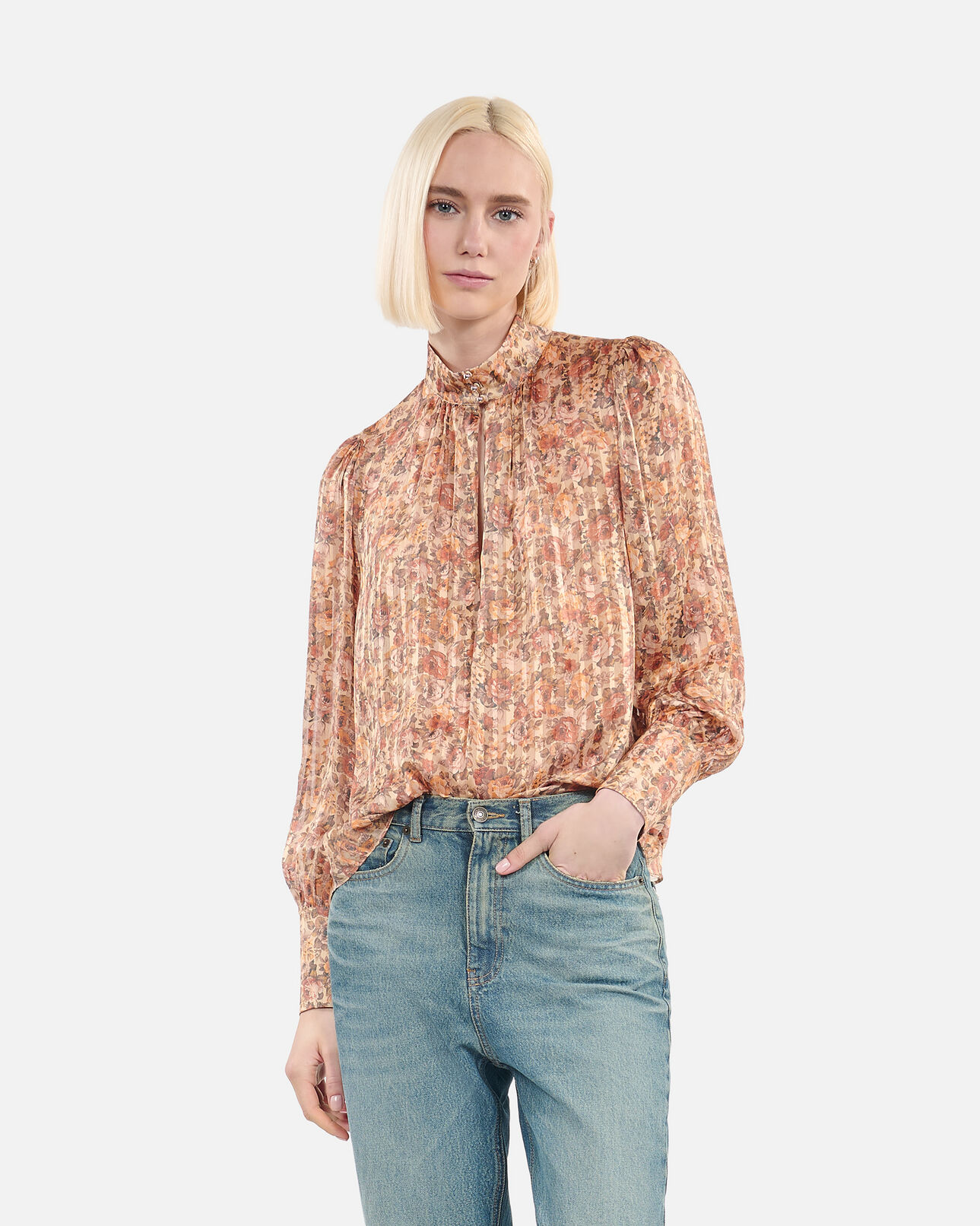 The Kooples FEMME CAMEL / BROWN top en soie imprimé fleuri