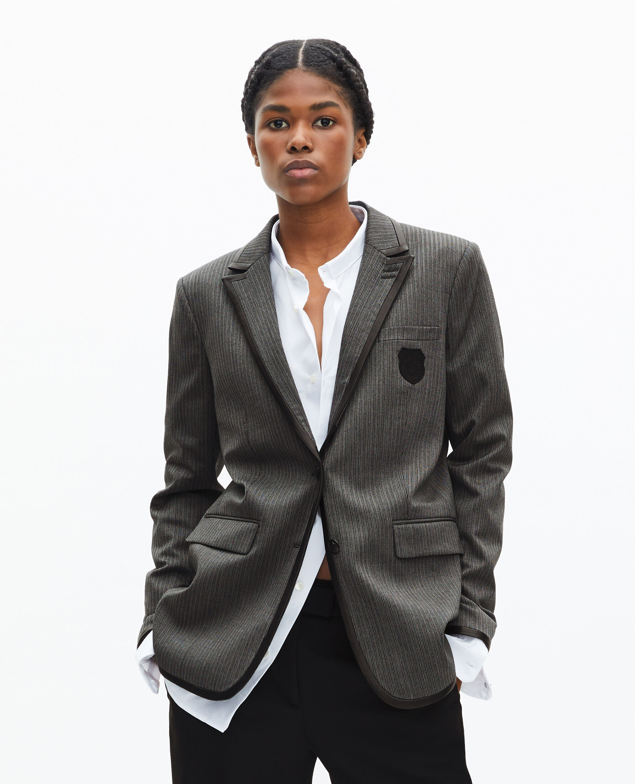 Gray striped wool blend jacket, DARK GREY, hi-res image number null