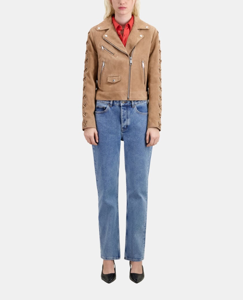 The Kooples FEMME BEIGE blouson biker en cuir suède beige