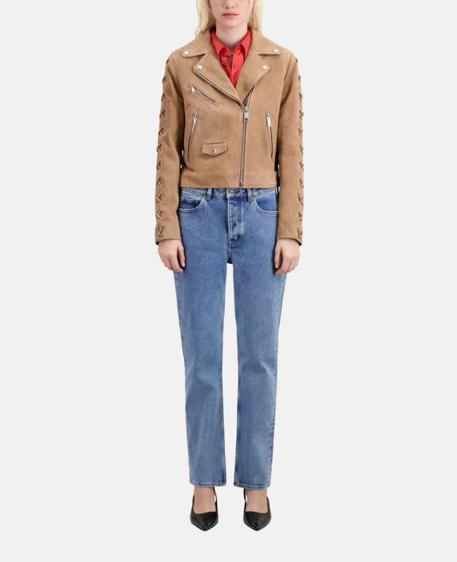 The Kooples FEMME BEIGE blouson biker en cuir suède beige