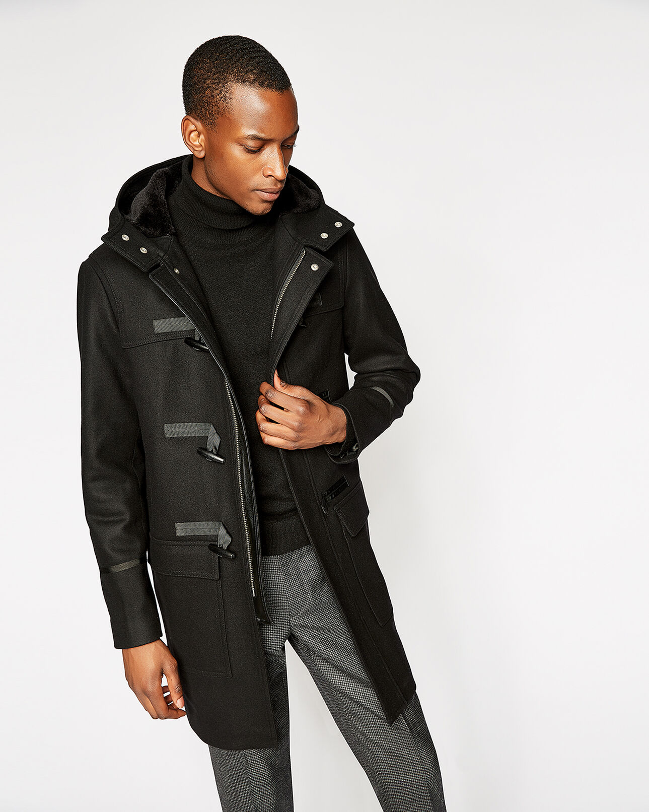 The Kooples MEN BLACK black duffle coat with leather inserts