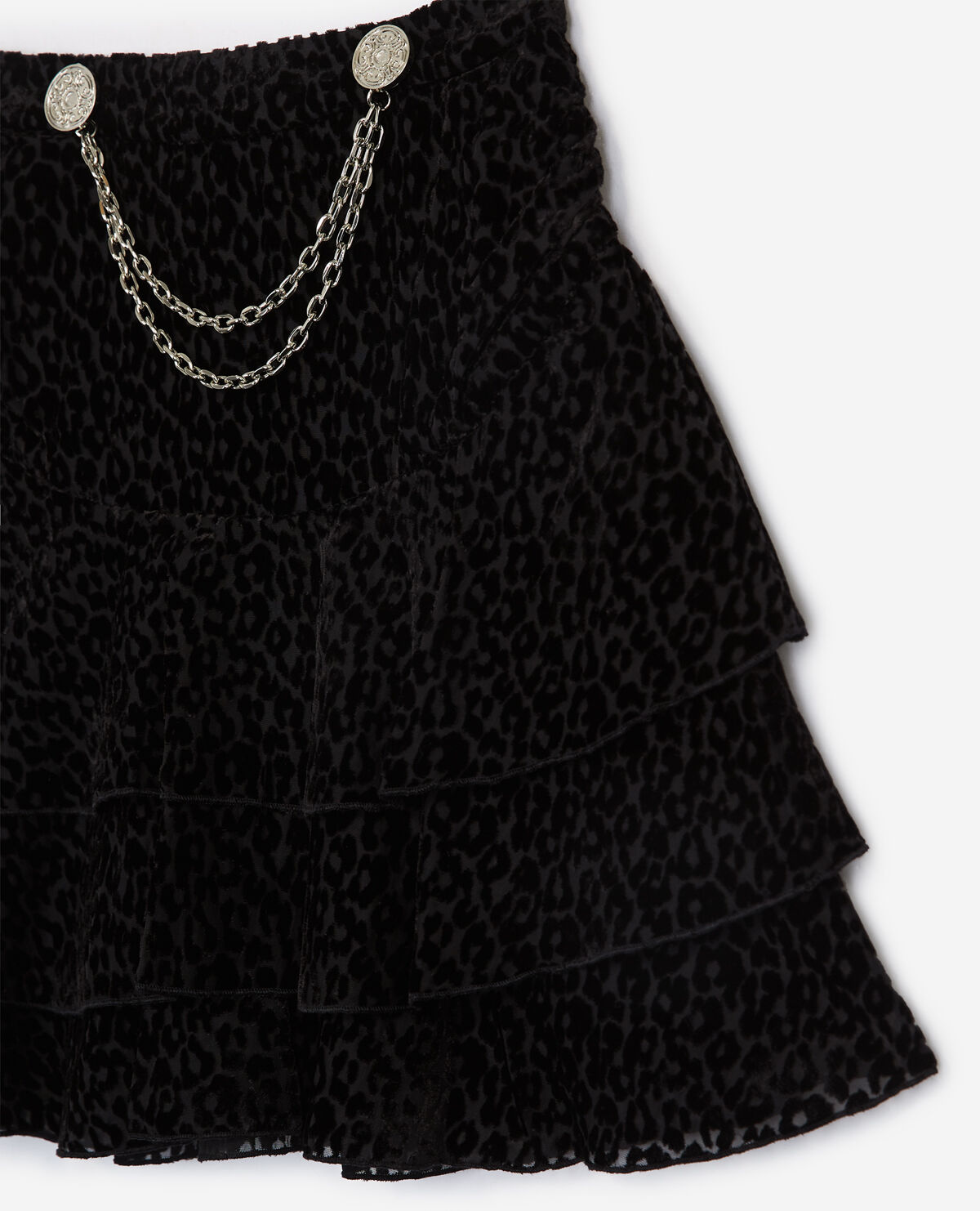 Short leopard print skirt with chains frills