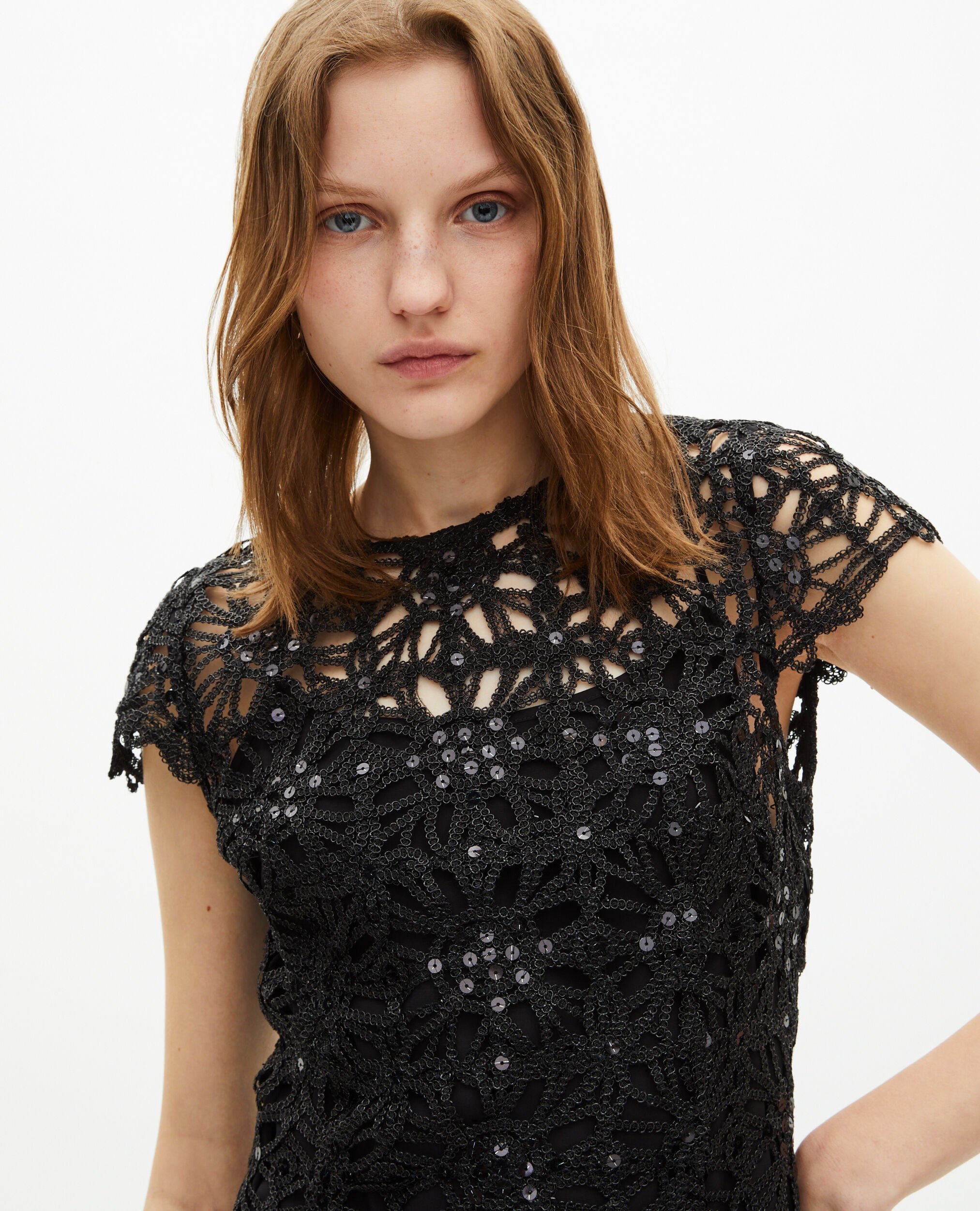 Short black guipure dress, BLACK, hi-res image number null