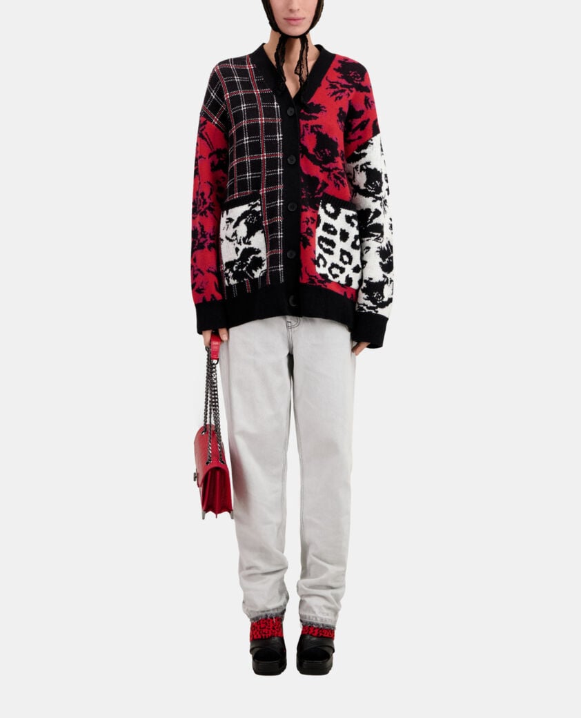 The Kooples FEMME BLACK / BURGUNDY /WHITE cardigan avec patchwork en laine mélangée