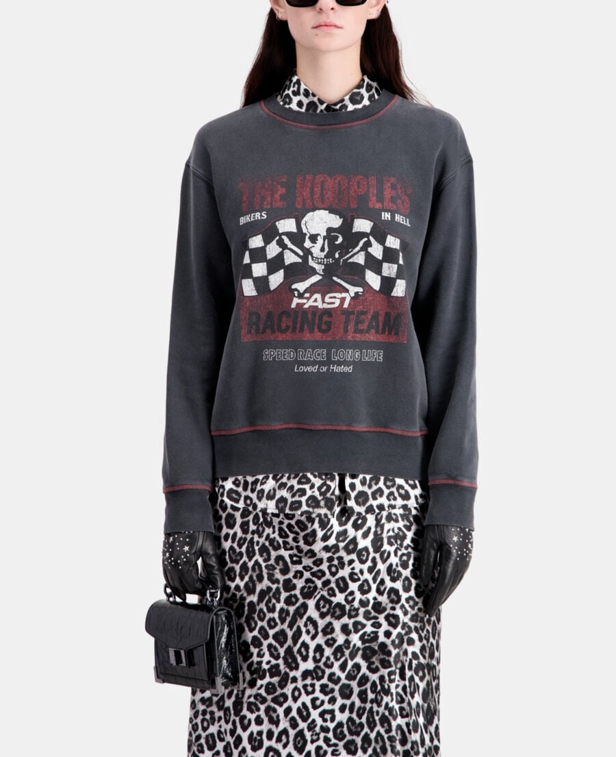 The Kooples F BLACK WASHED women's black sweatshirt with racing skull serigraphy