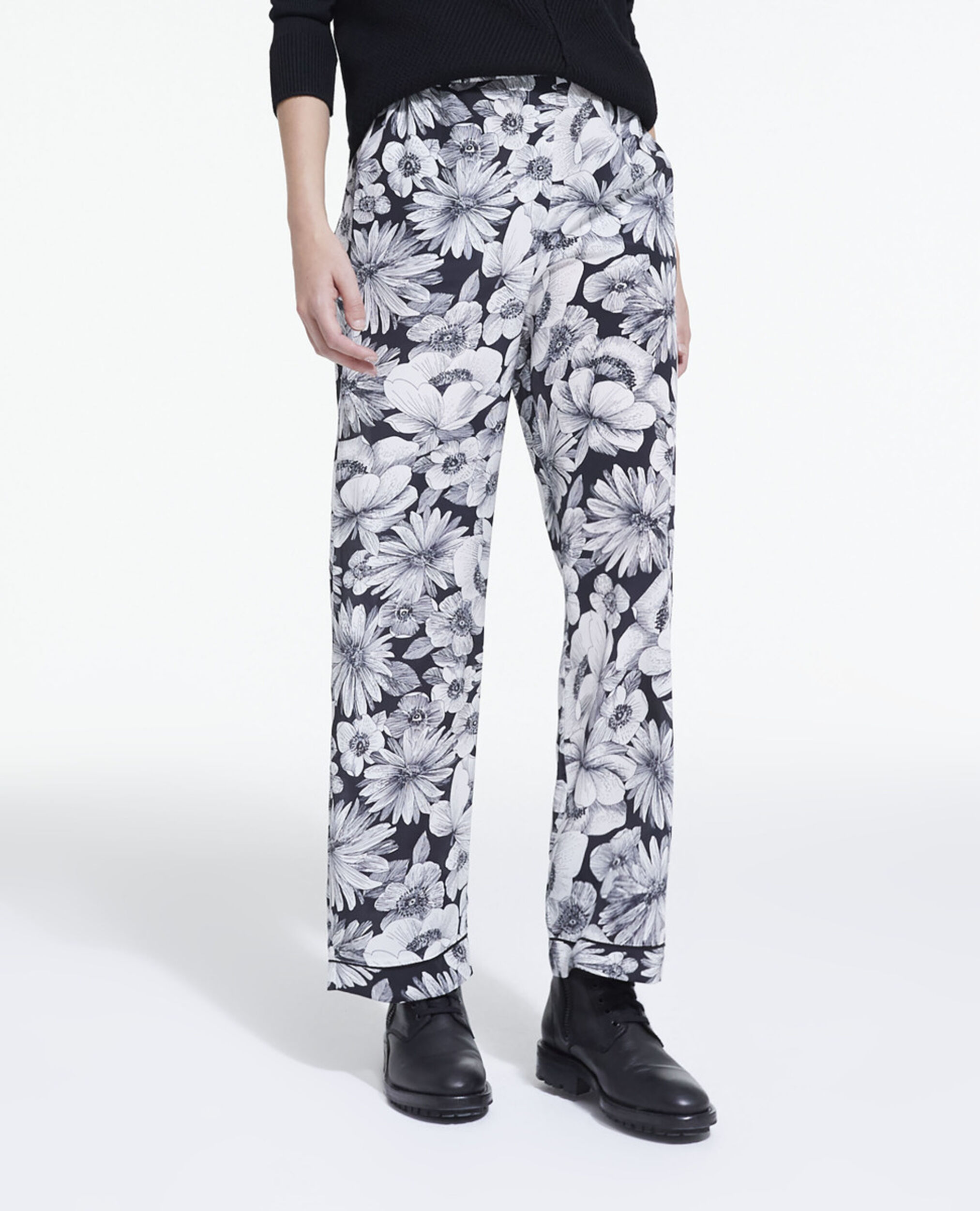 Floral silk pants, BLACK WHITE, hi-res image number null