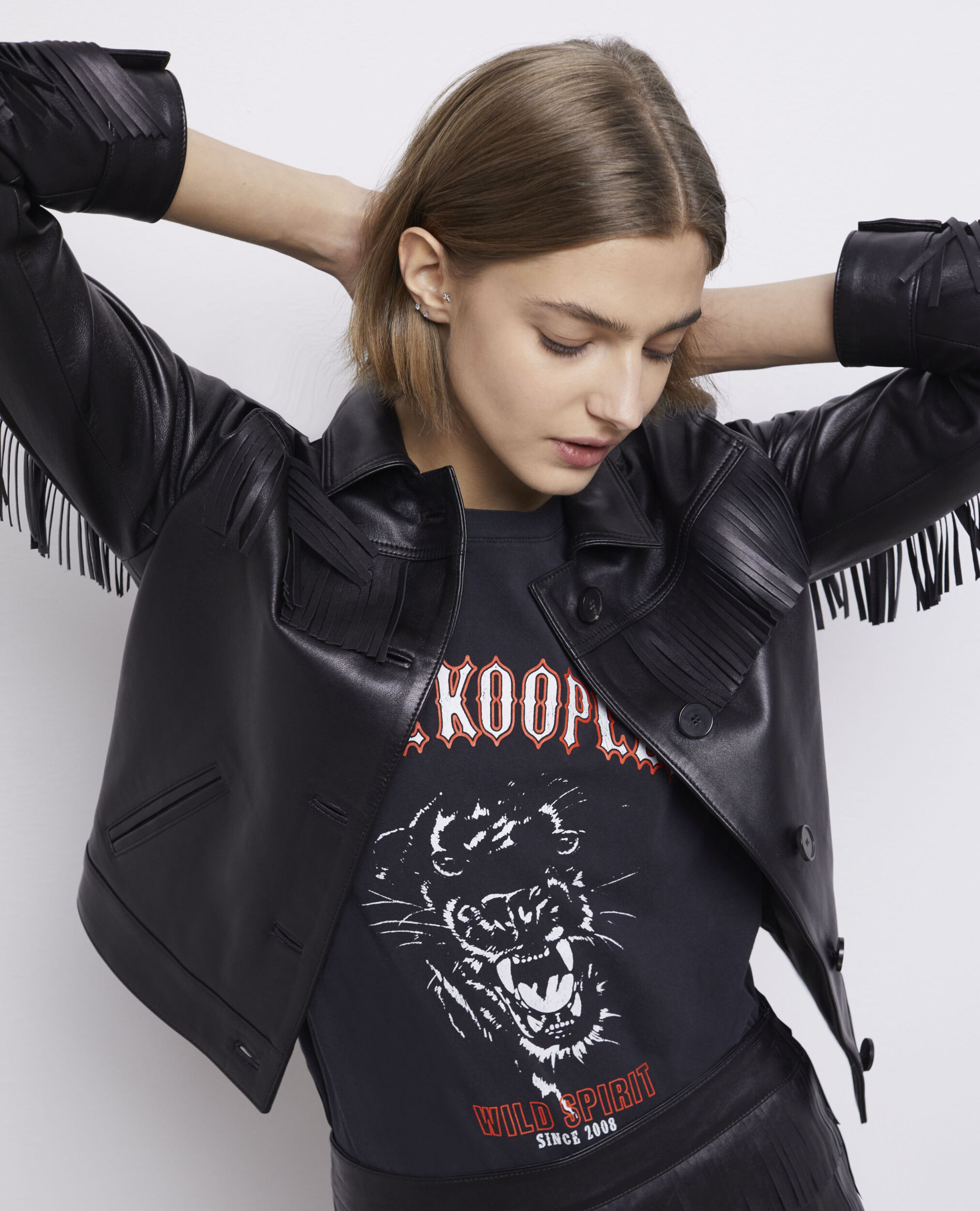 Blouson en cuir noir, BLACK, hi-res image number null