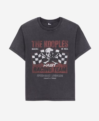The Kooples DAMEN BLACK WASHED schwarzes t-shirt damen mit racing-skull-siebdruck