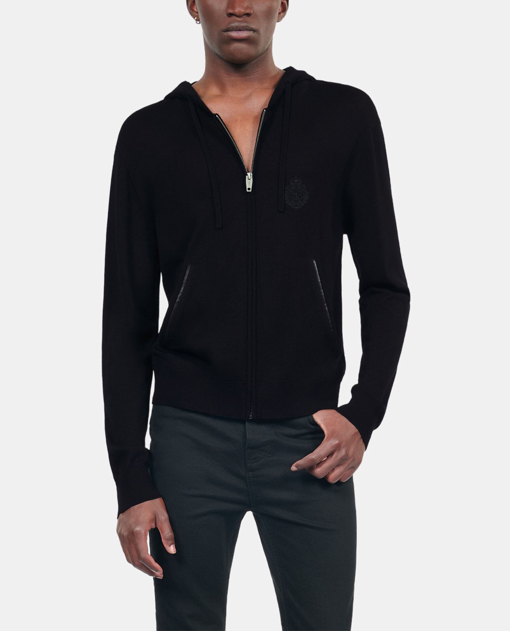 Black wool hooded cardigan, BLACK, hi-res image number null