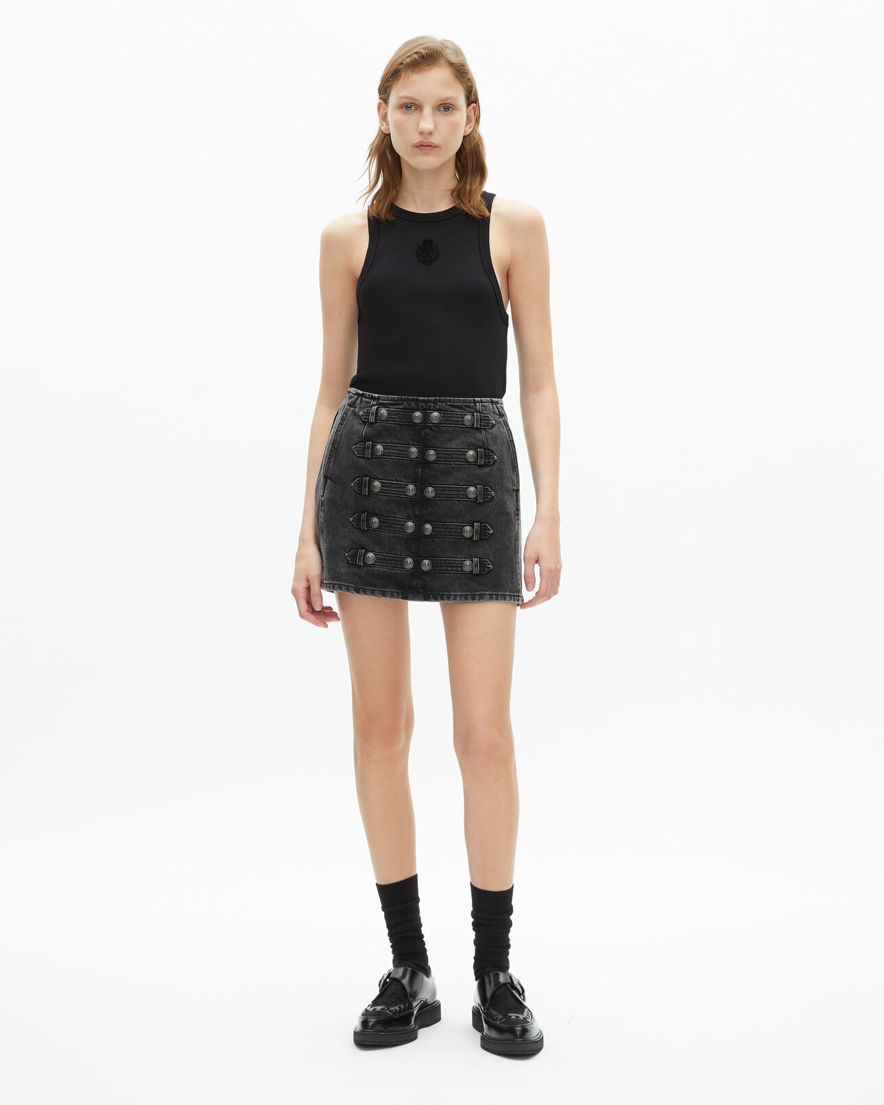 The Kooples DAMEN BLACK WASHED kurzer grauer jeansrock