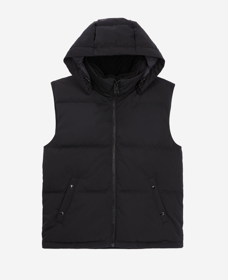 black sleeveless hooded puffer jacket