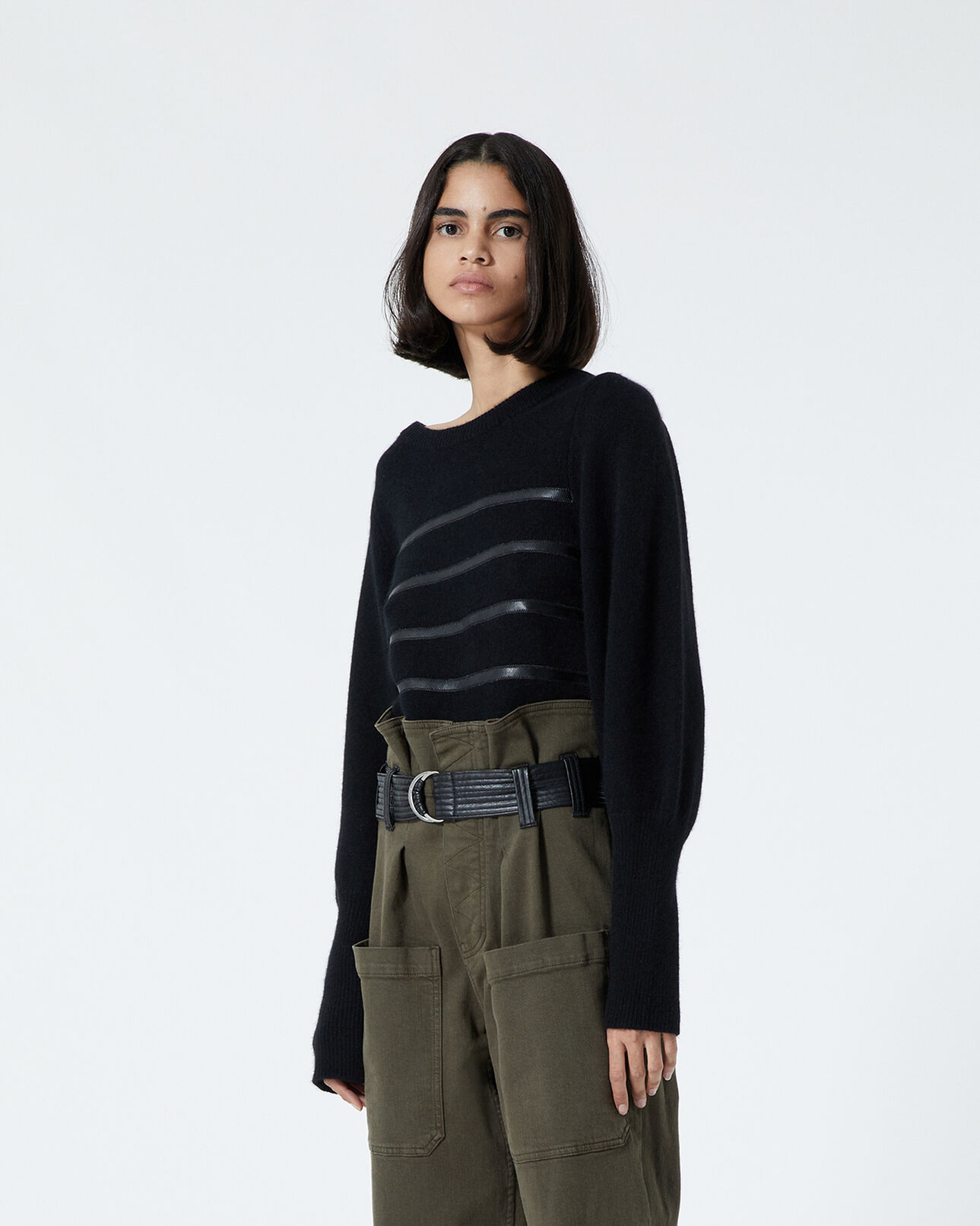 The Kooples DAMEN BLACK schwarzer pullover im marinestil mit leder