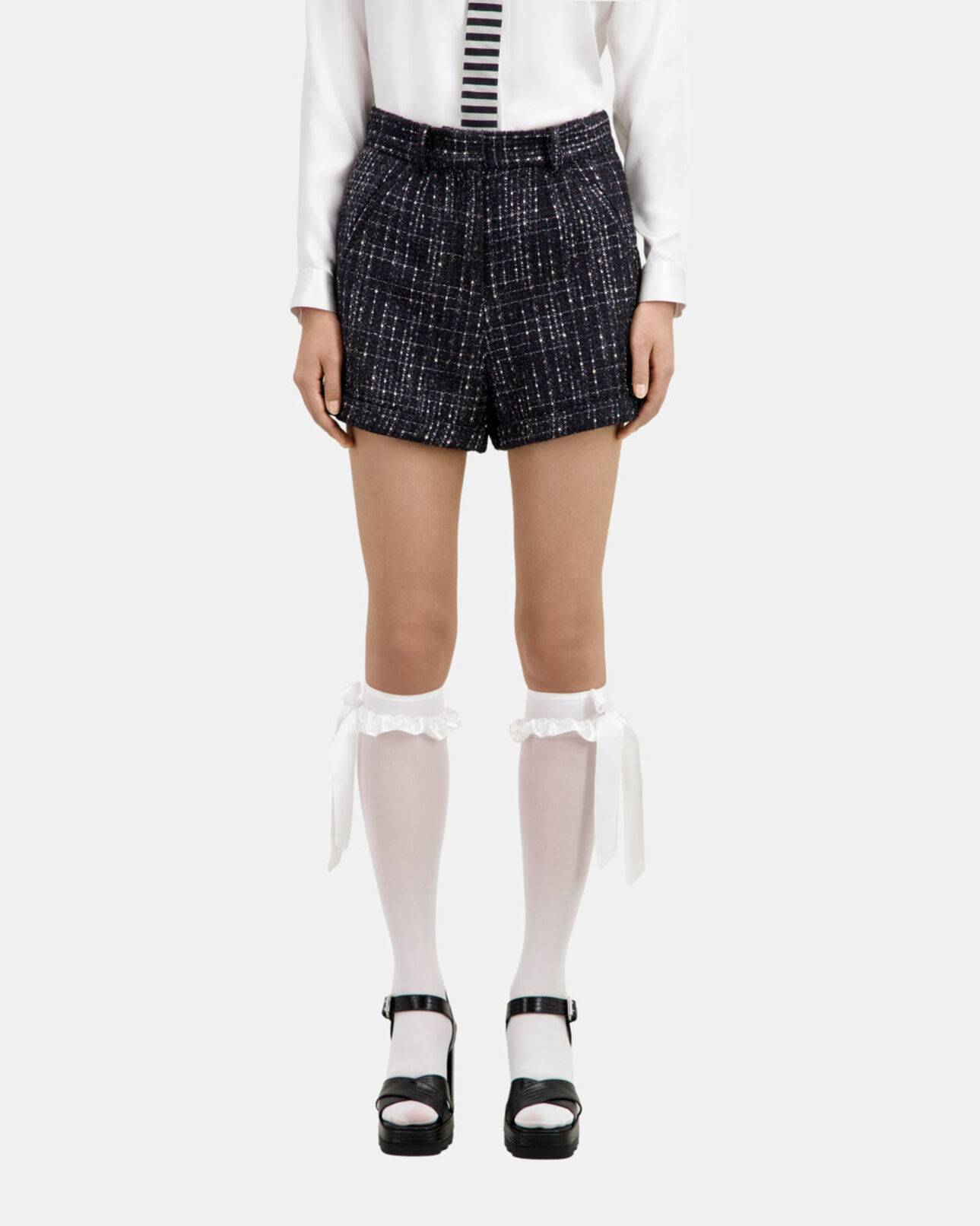 The Kooples FEMME BLACK WHITE short en tweed noir et blanc