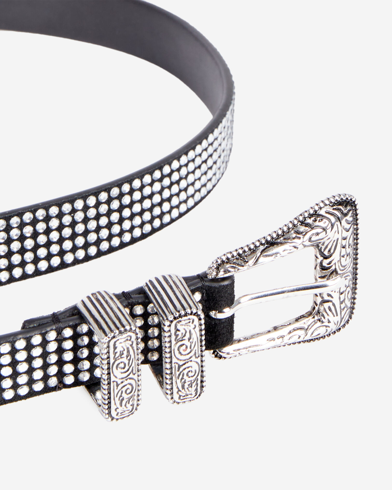 Ceinture fine en cuir avec strass et boucle Western, ANTIC SILVER, hi-res image number null