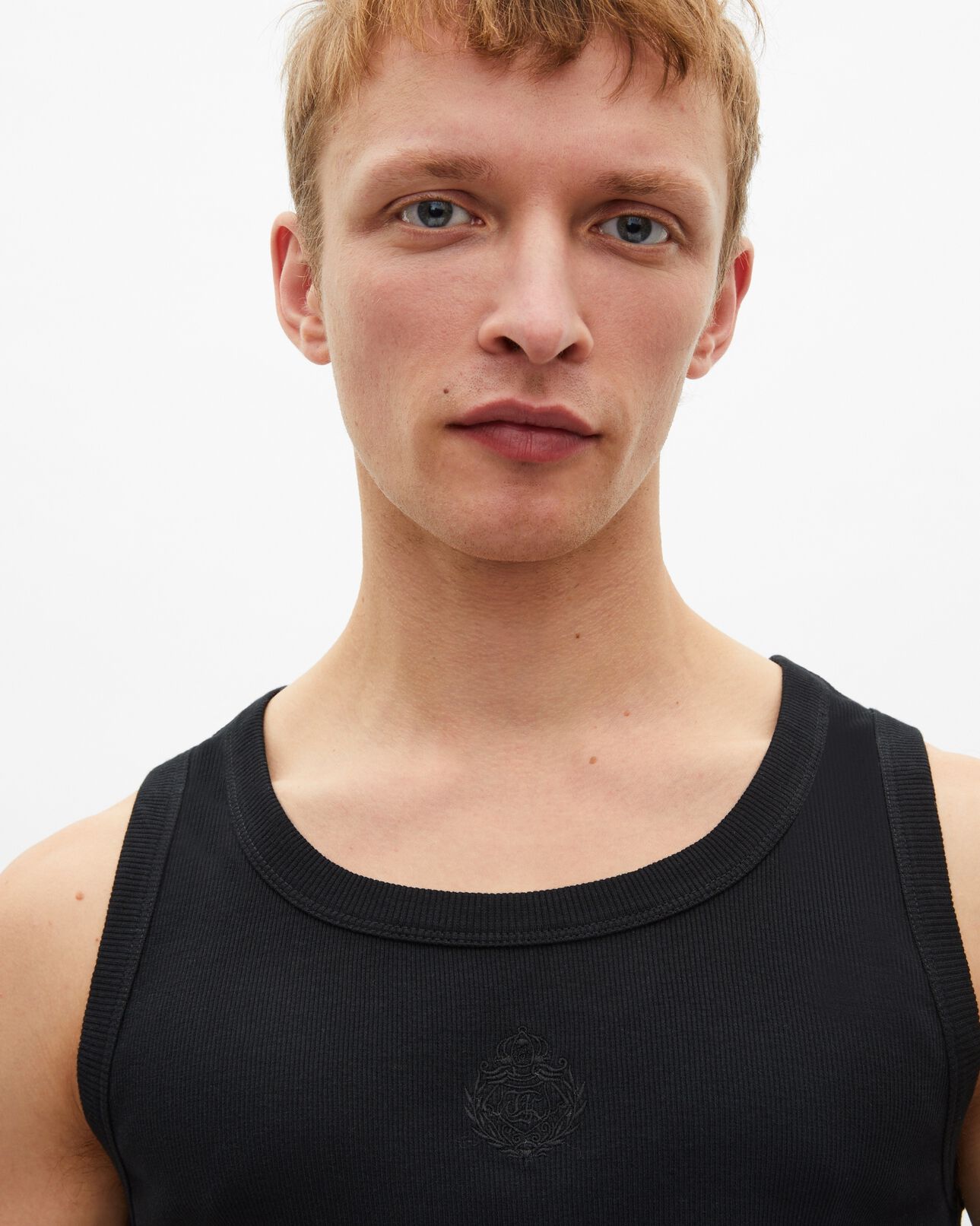 The Kooples MEN BLACK WASHED tank top with black coat-of-arms embroidery