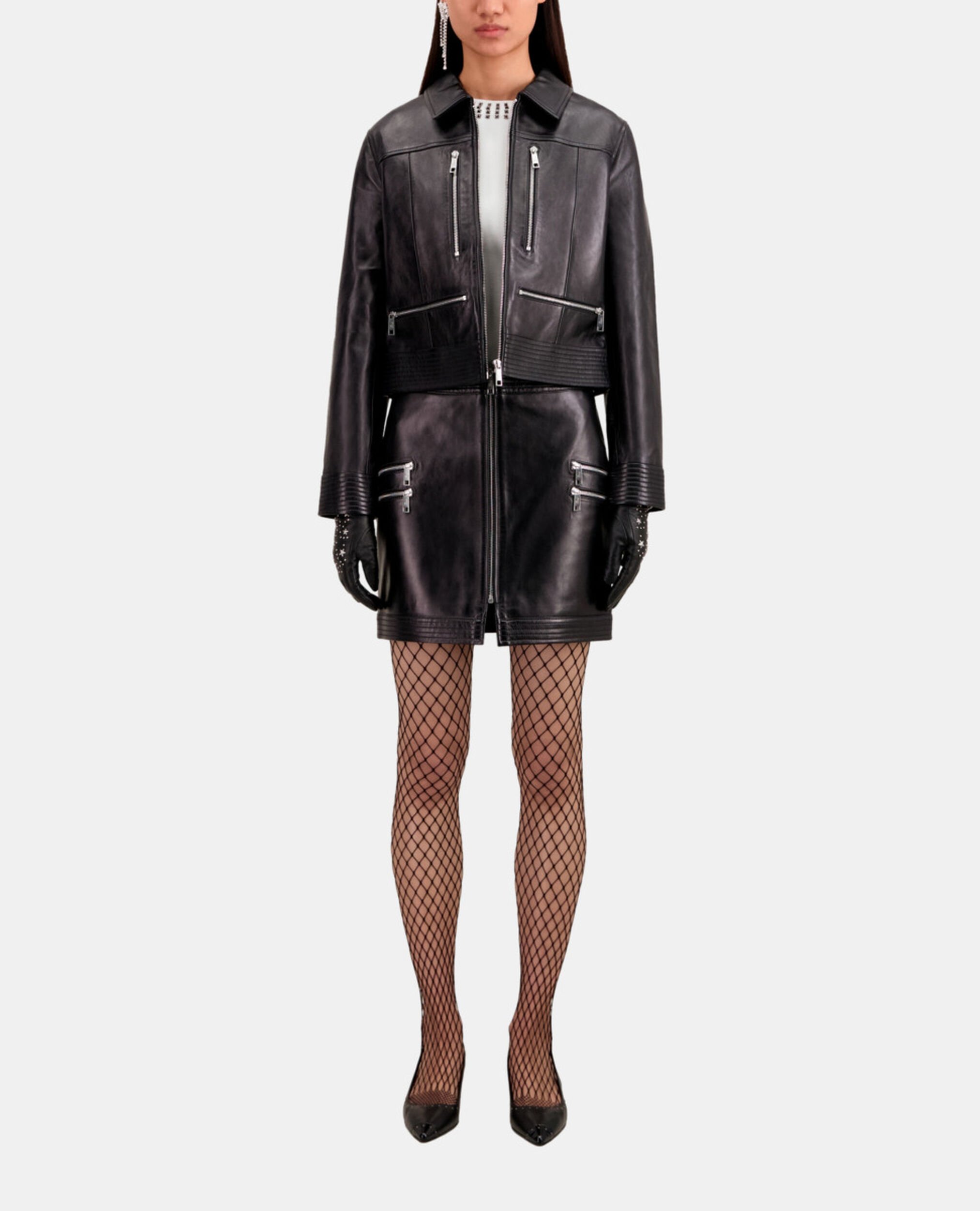 Blouson biker en cuir avec zip noir, BLACK, hi-res image number null