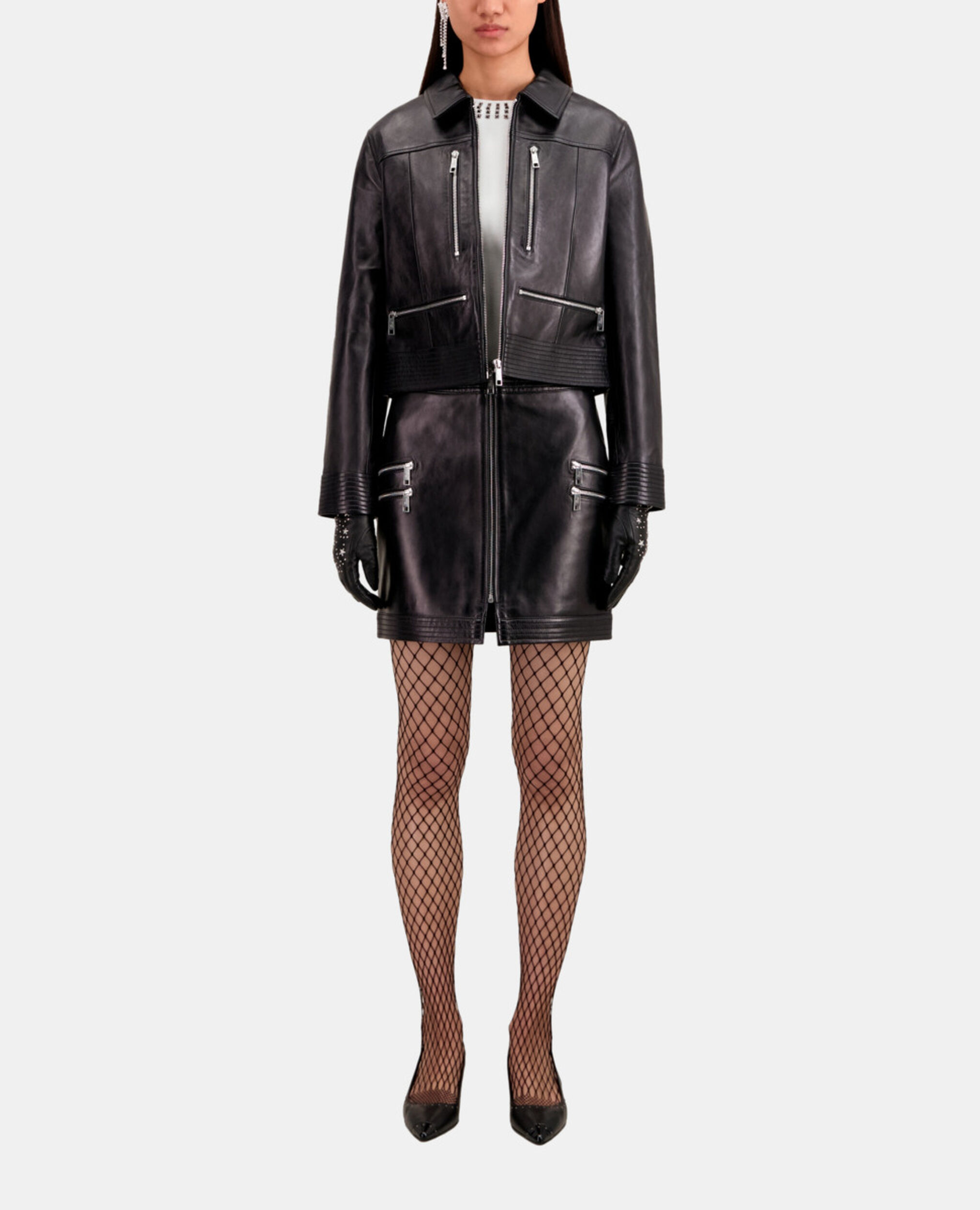 Blouson biker en cuir avec zip noir, BLACK, hi-res image number null