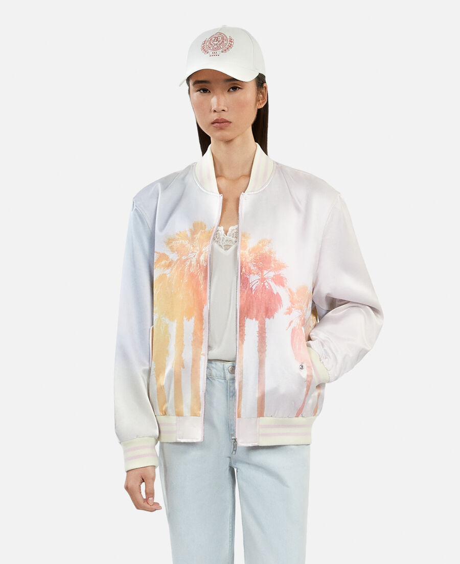pink and lilac satin jacket with palm trees