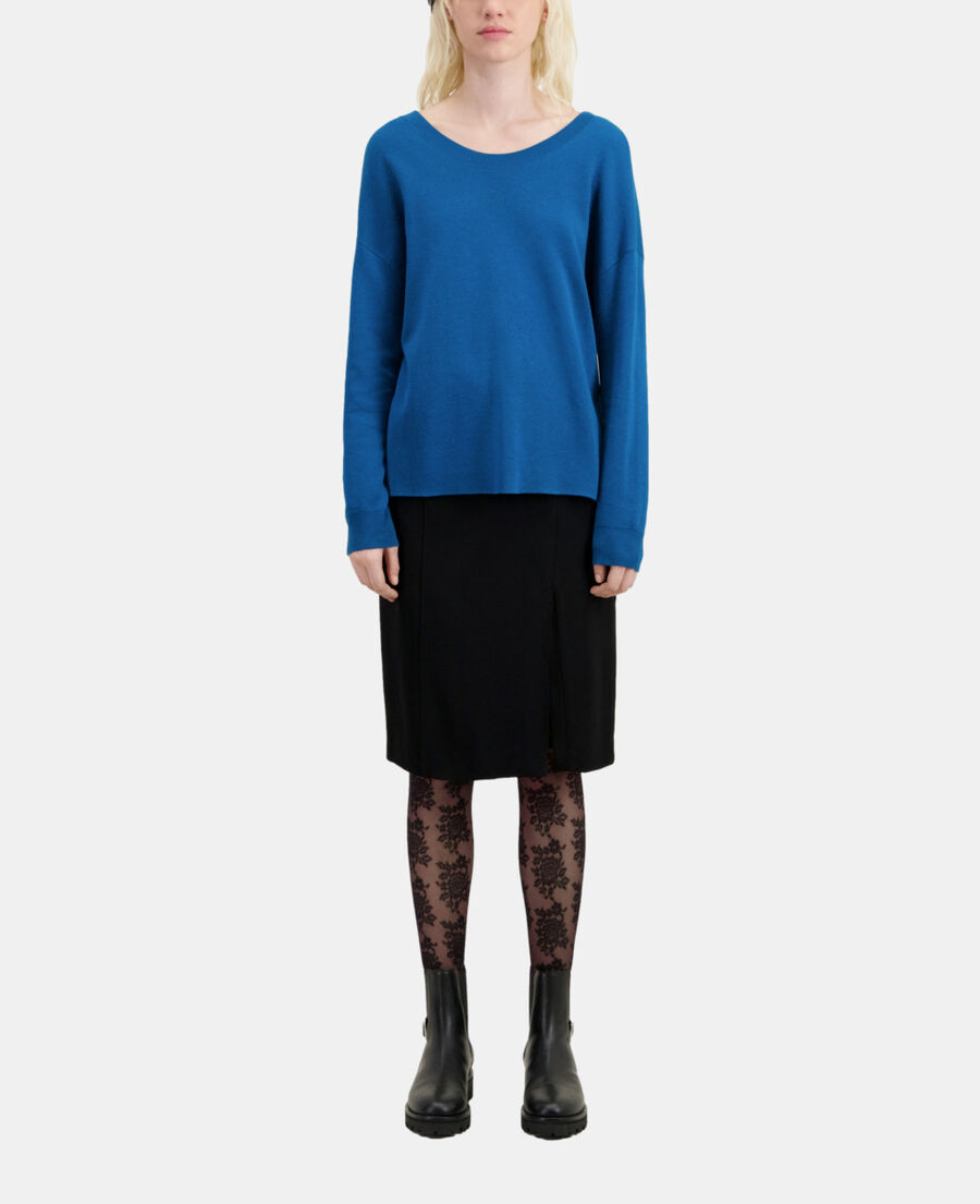 The Kooples DAMEN MEDIUM BLUE blauer pullover mit knopfleiste am rücken