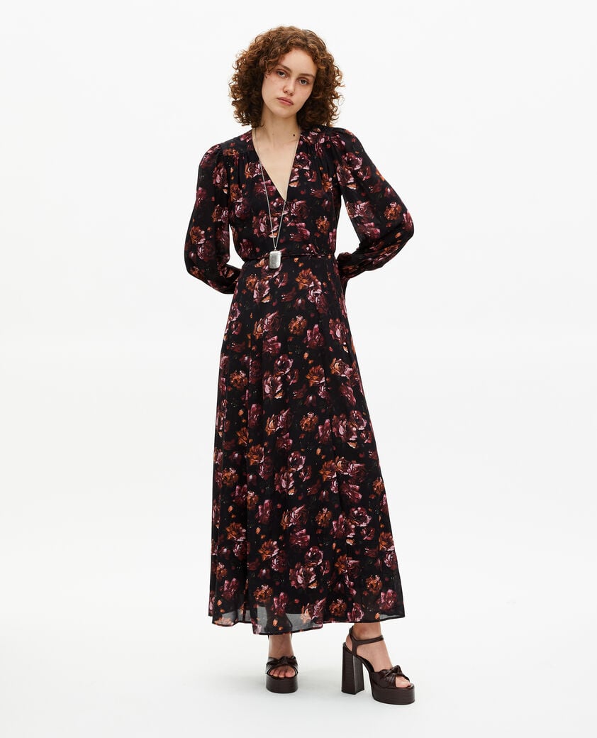 The Kooples FEMME BLACK - RED robe longue imprim&eacute; fleuri en soie m&eacute;lang&eacute;e bordeaux
