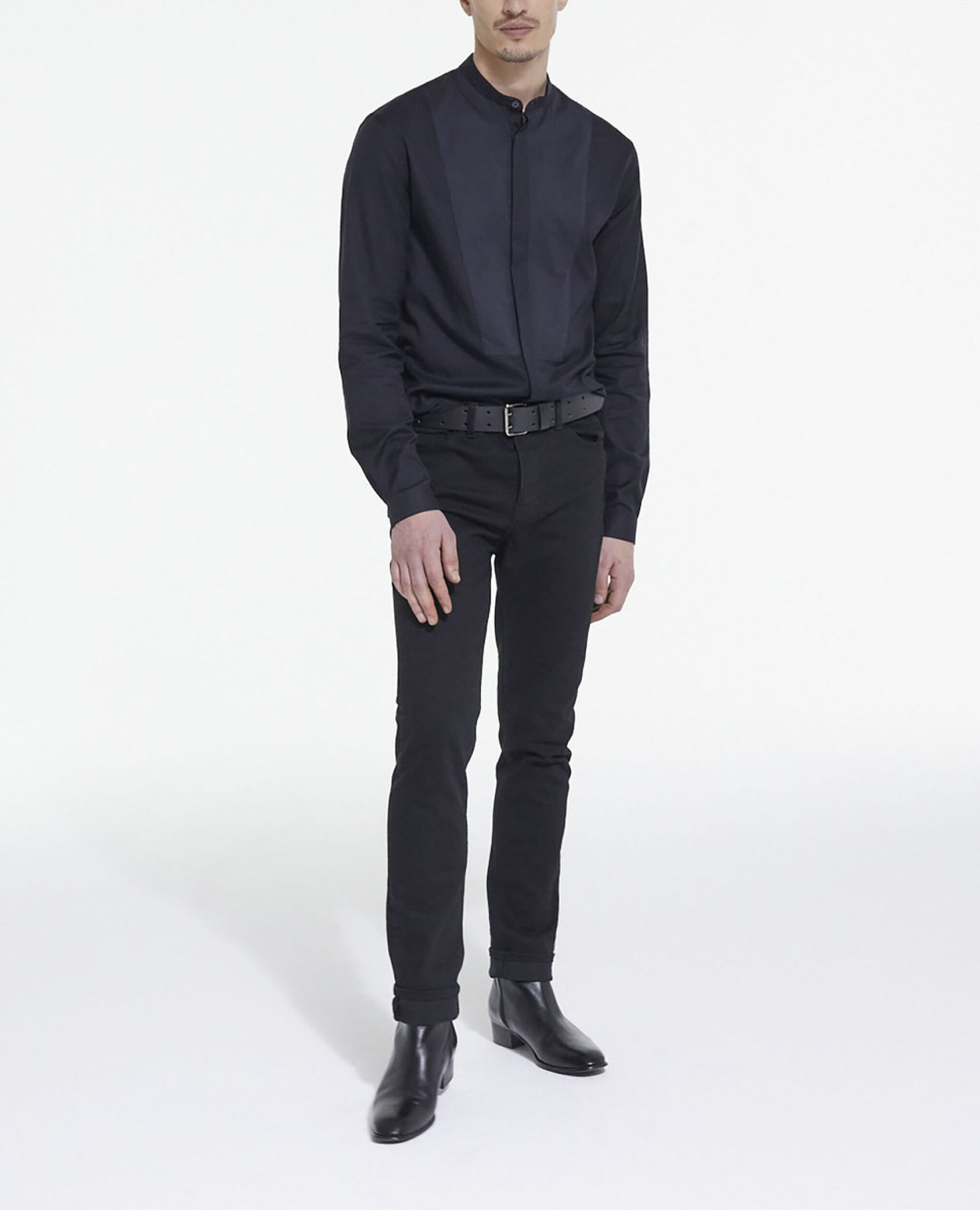 Black cotton shirt with officer collar, BLACK, hi-res image number null