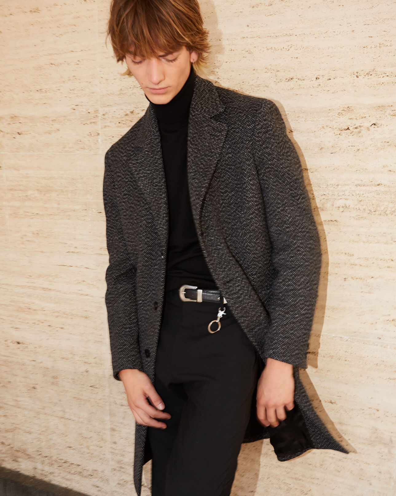 The Kooples MEN LIGHT GREY MELANGE martingale belt grey leather collar wool coat
