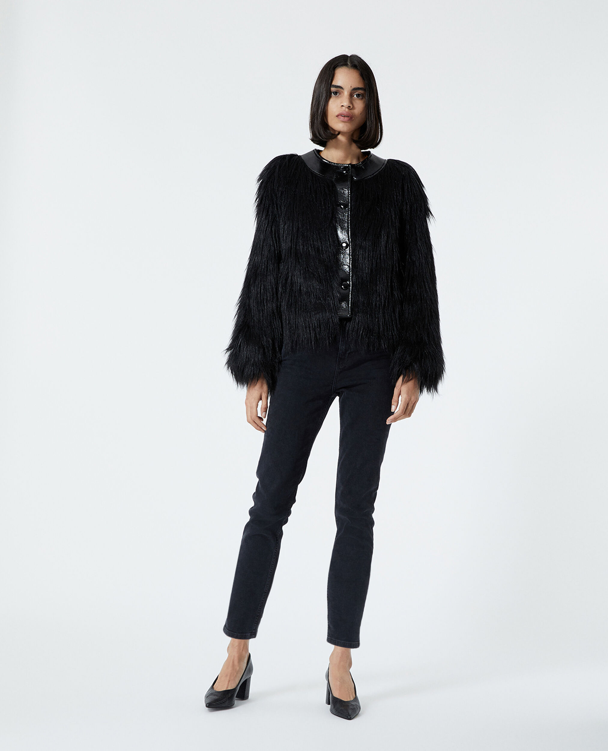 Black faux fur coat with patent detail, BLACK, hi-res image number null