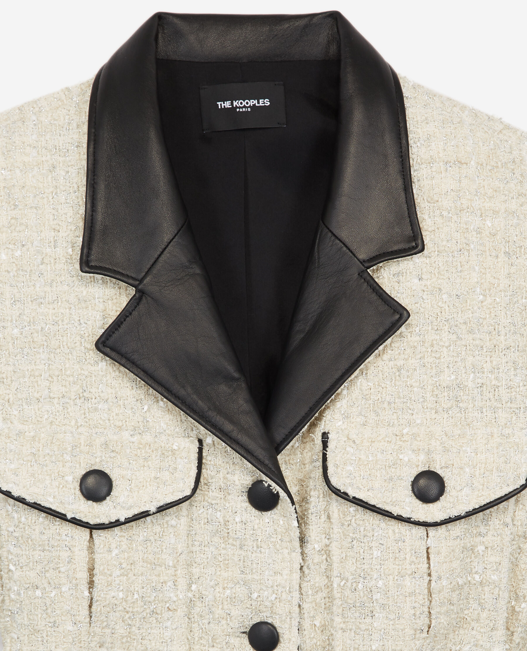 Tweed smart ecru jacket with leather detail The Kooples