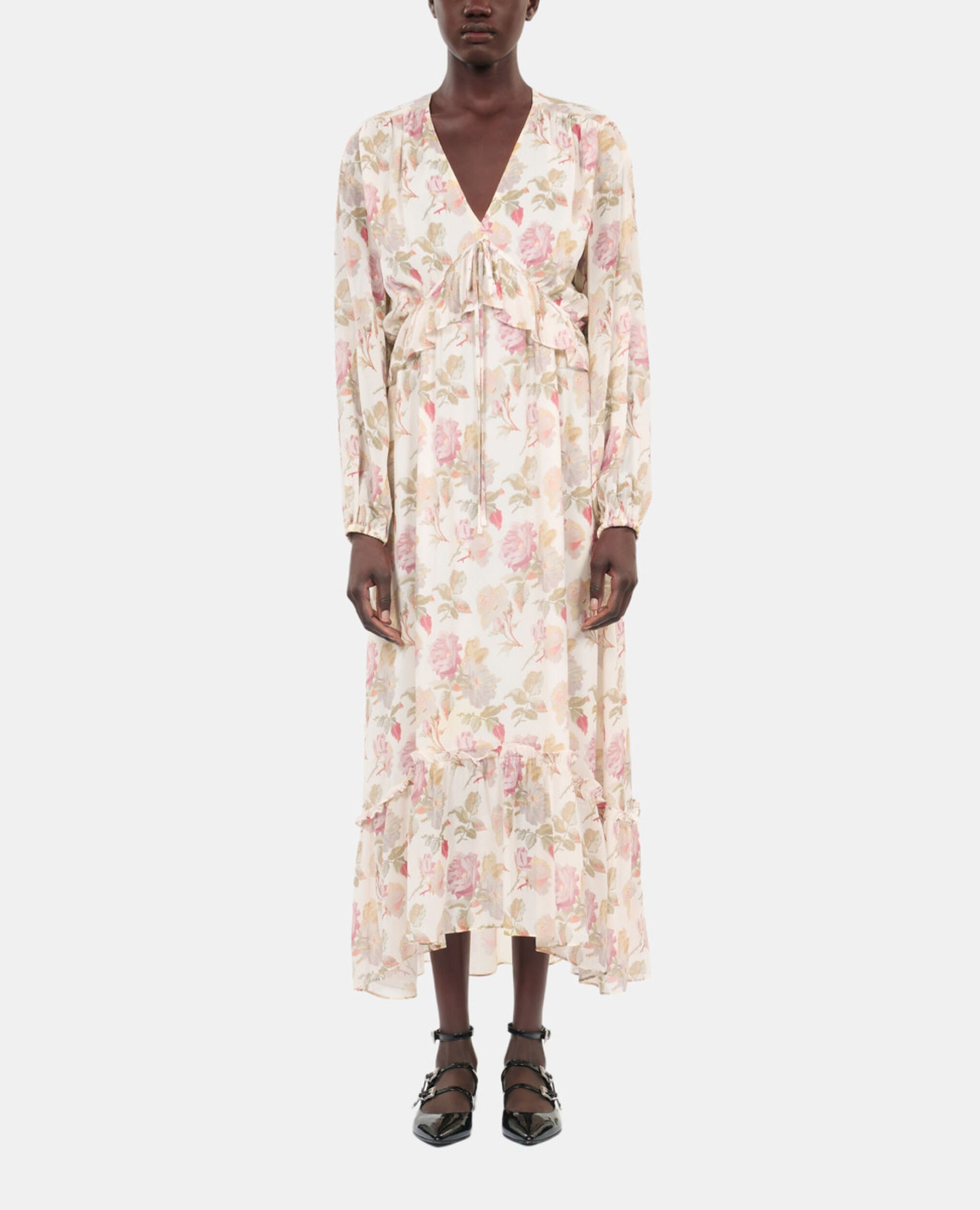 Robe longue avec imprimé fleuri en soie, BEIGE / RED, hi-res image number null