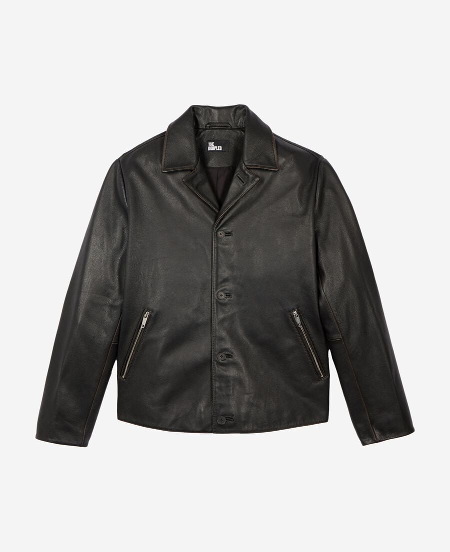 The Kooples H BLACK WASHED black leather jacket with tailored collar