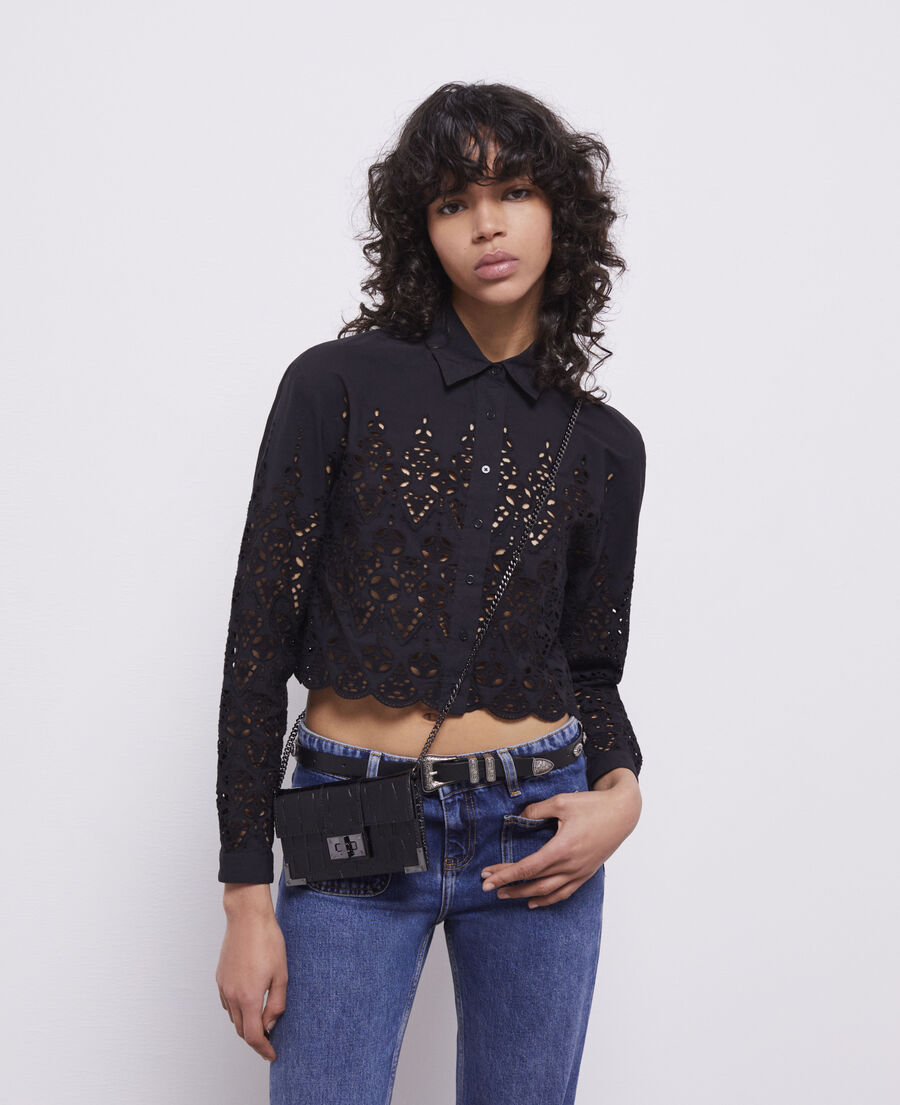 short black shirt with broderie anglaise 