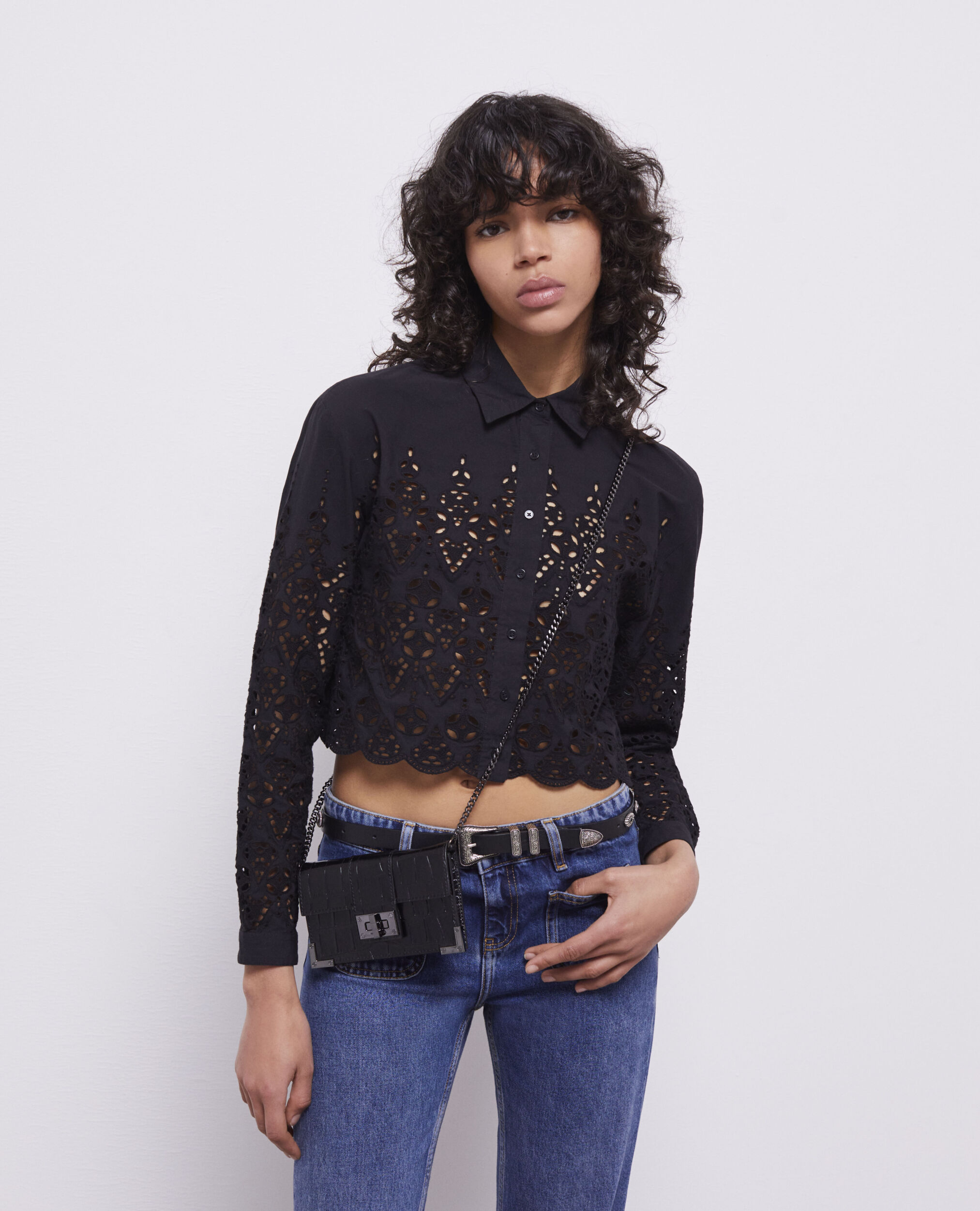 Short black shirt with broderie anglaise , BLACK, hi-res image number null