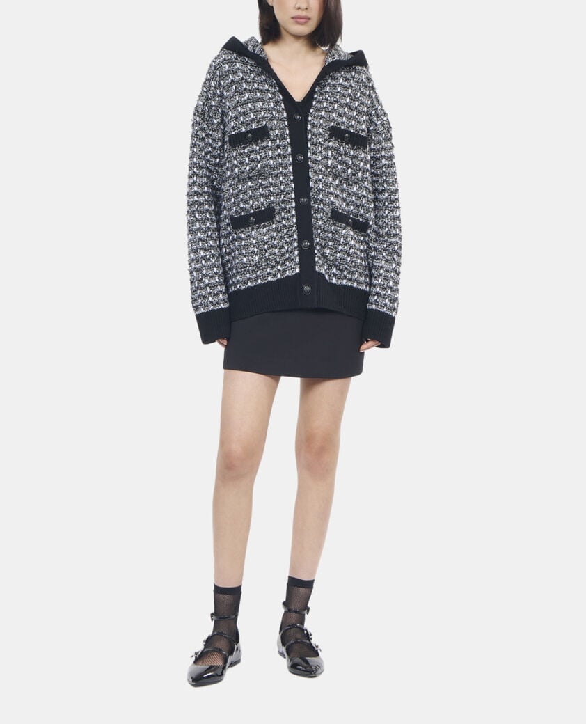 The Kooples FEMME BLACK / WHITE cardigan à capuche en tweed noir et blanc